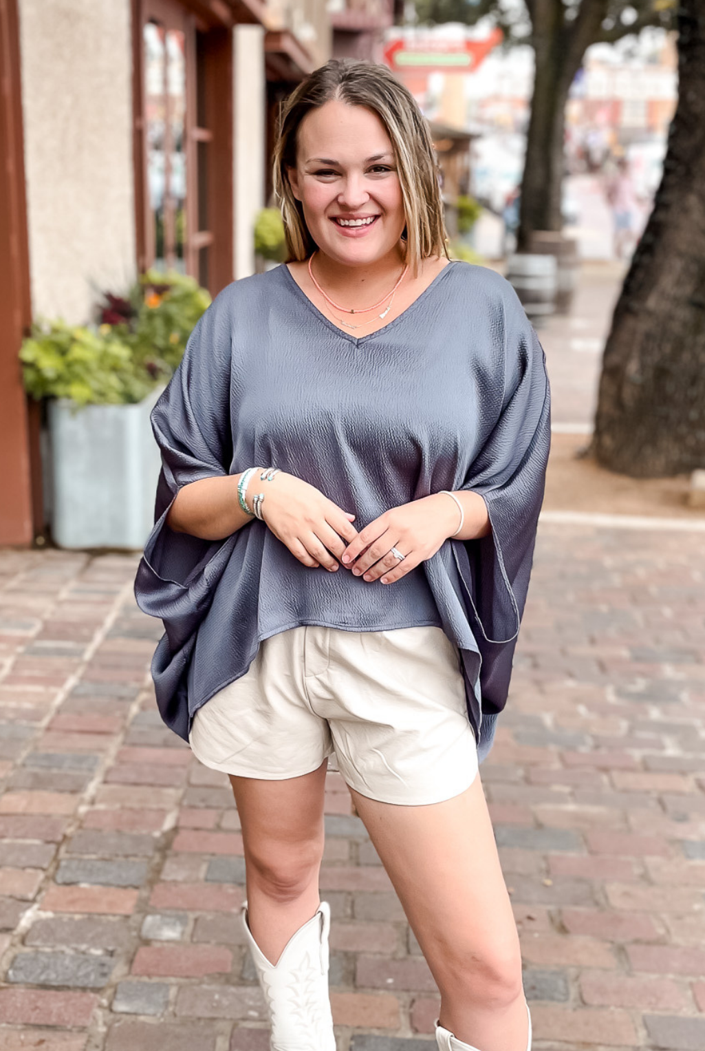 Hammered Satin Caftan Top - Charcoal