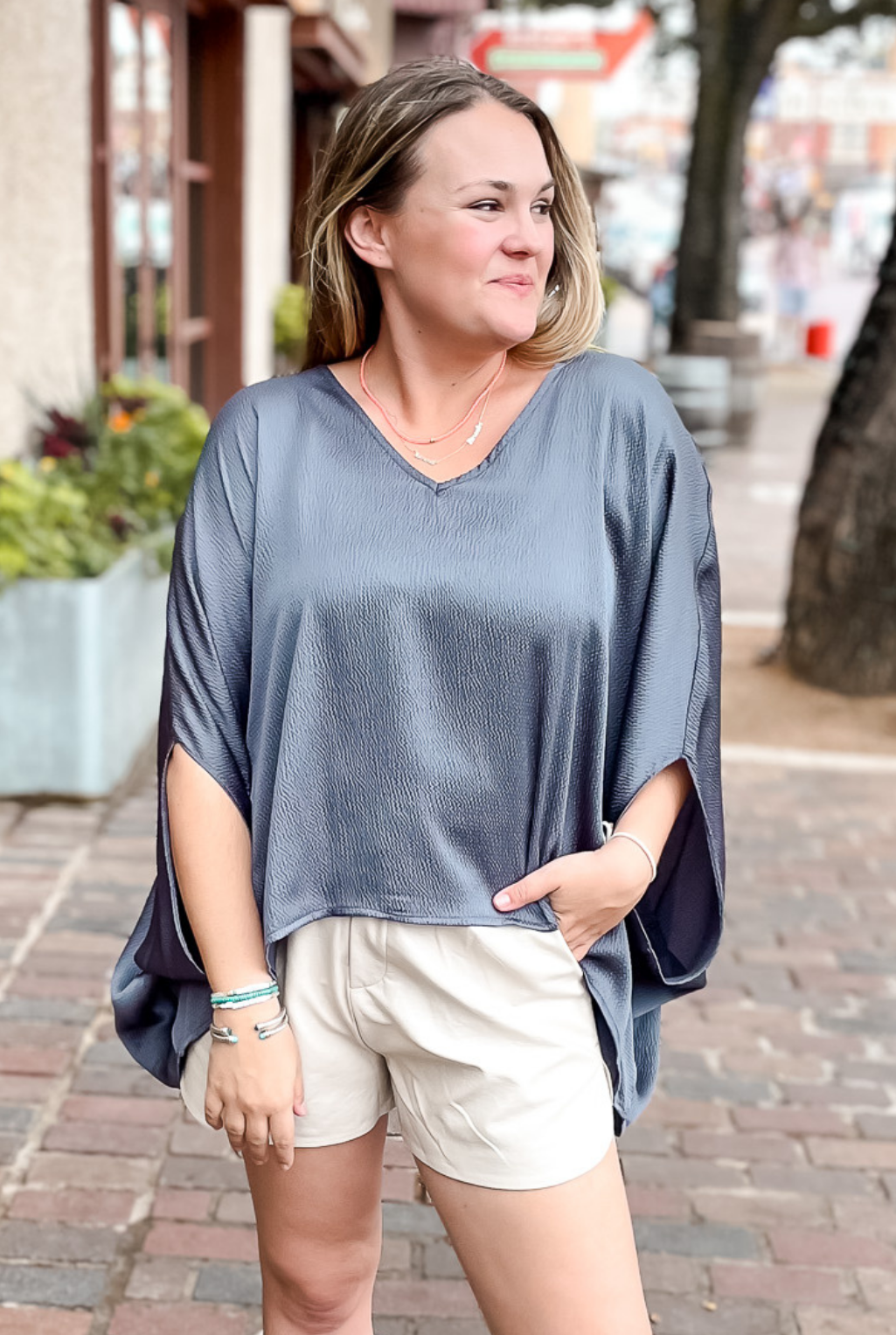 Hammered Satin Caftan Top - Charcoal
