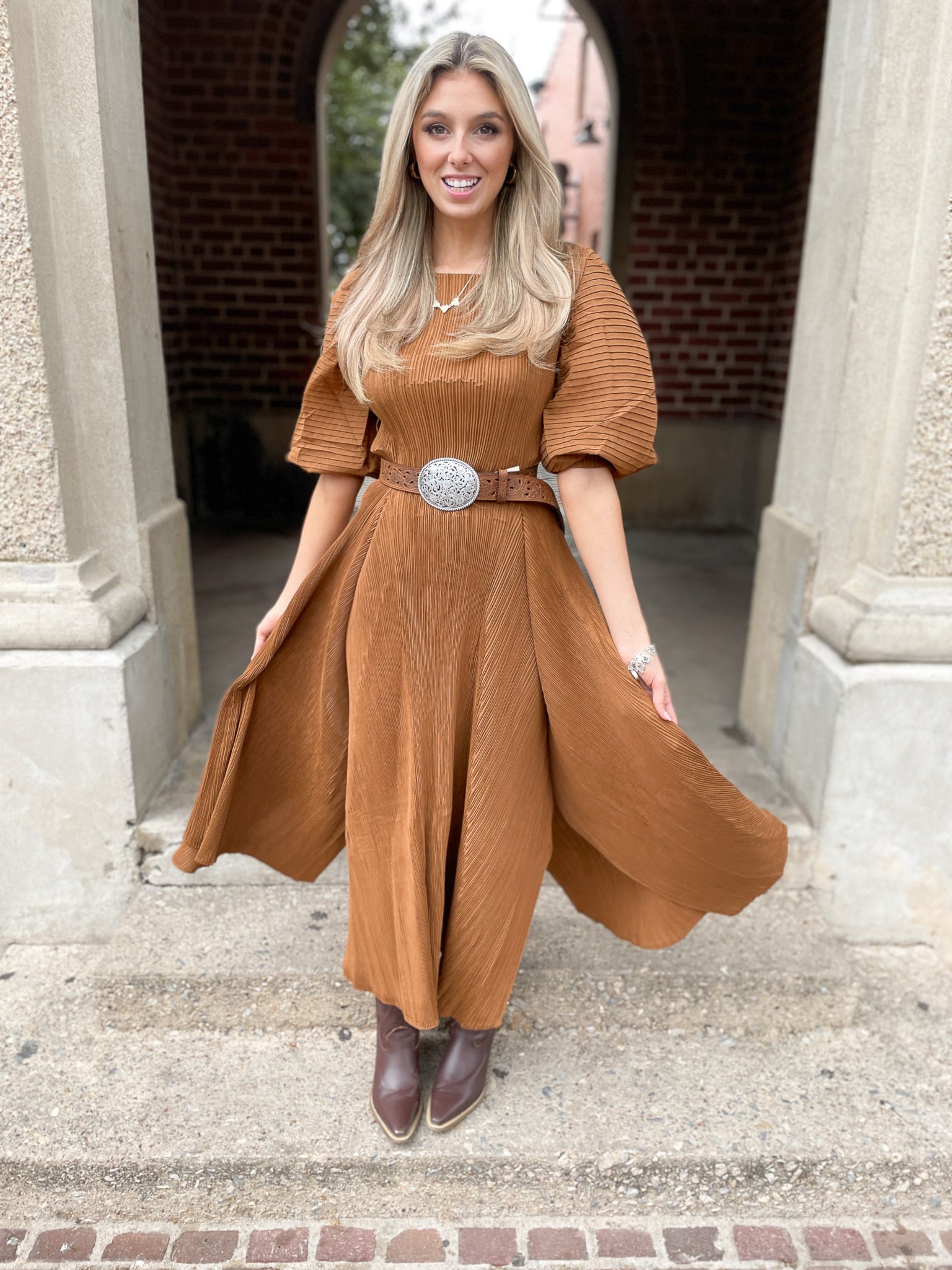Pleated Bell Sleeve Dress - Brown