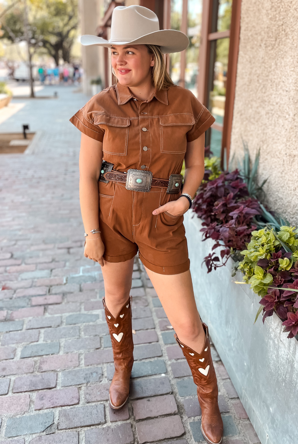 Contrast Stitch Romper - Brown