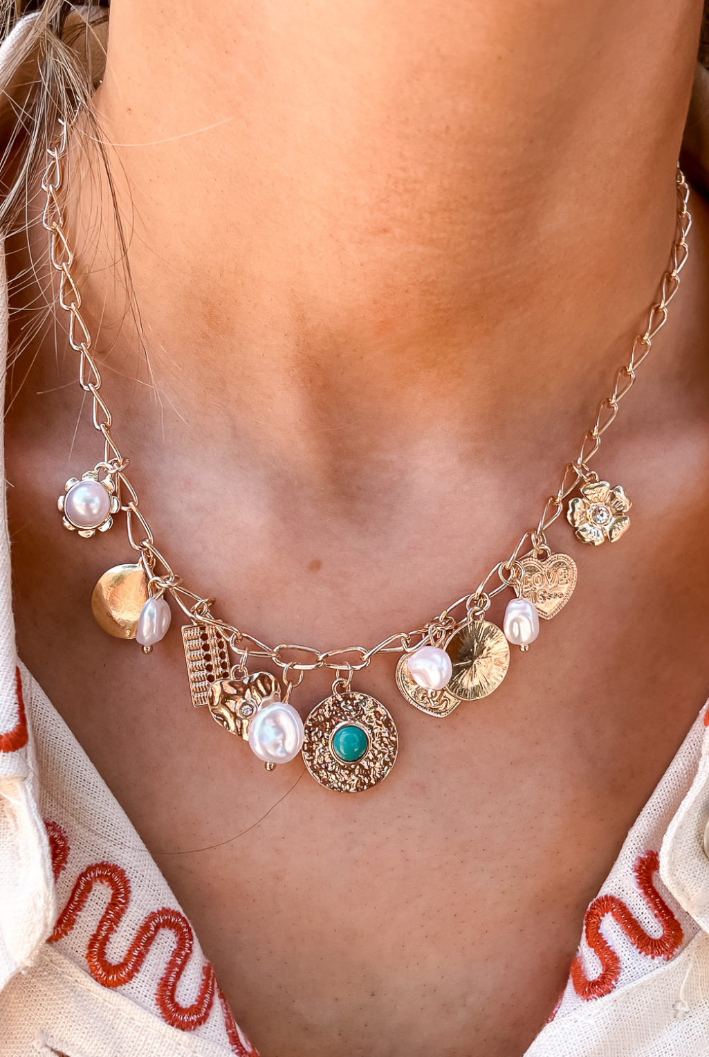 Turquoise Coin & Pearl Charm Necklace