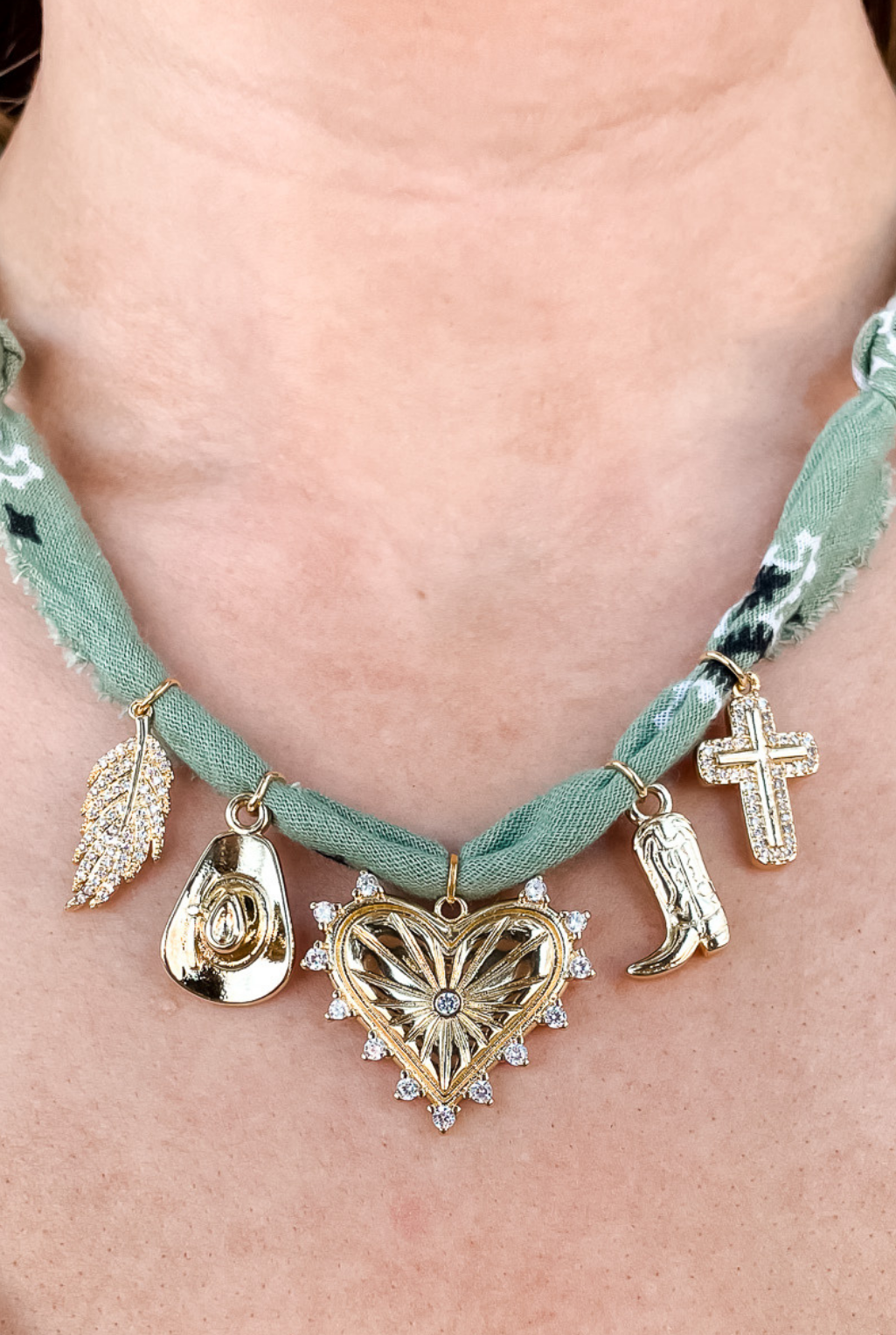 Five Charm Bandana Necklace - Sage