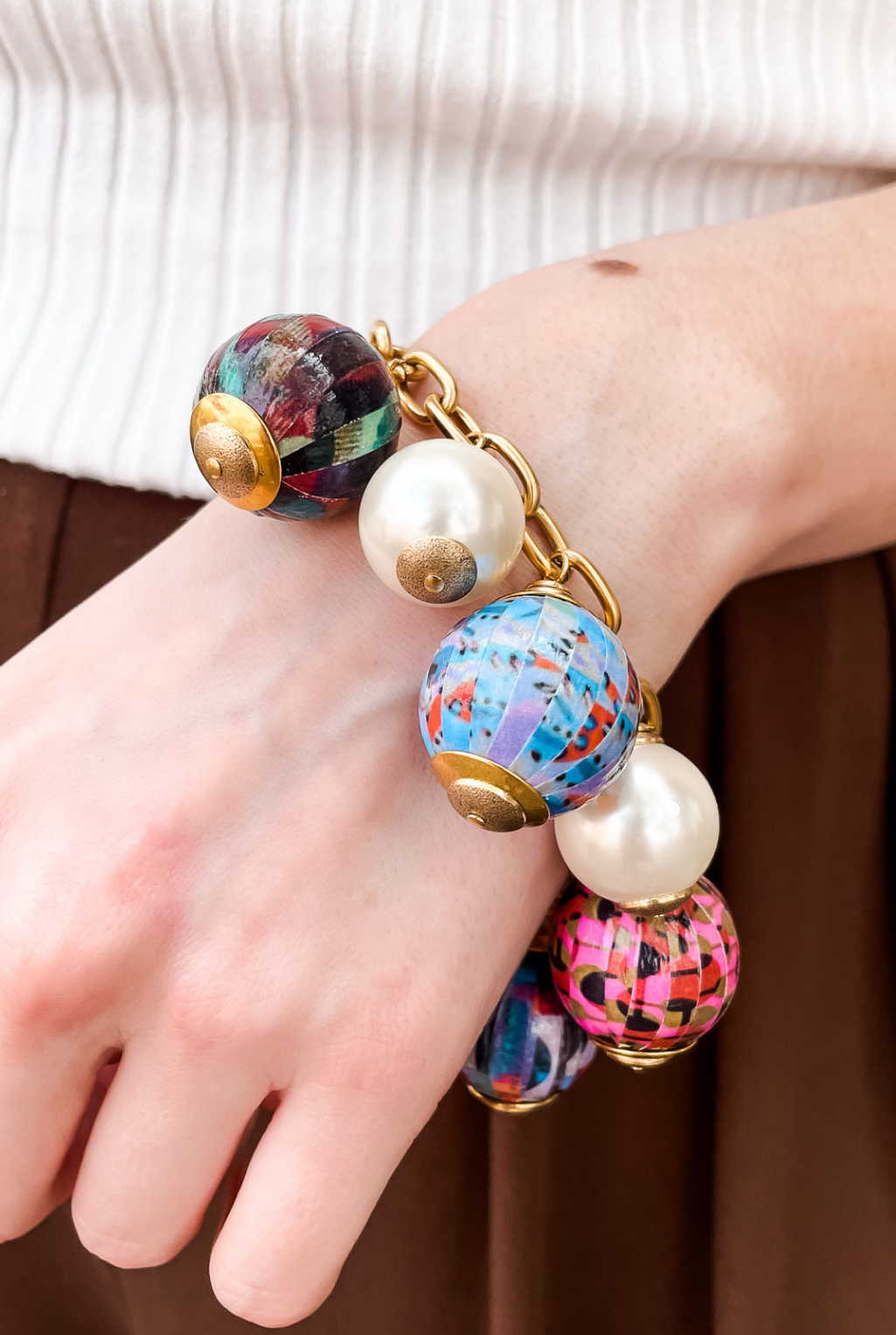 Decoupage Wooden Bead Charm Bracelet