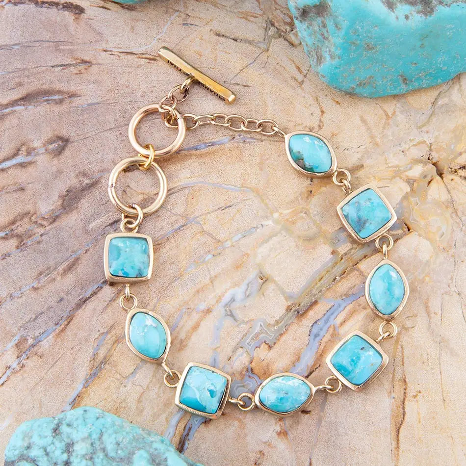 Genuine Blue Turquoise Hammered Golden Link Bracelet - Tucker Brown