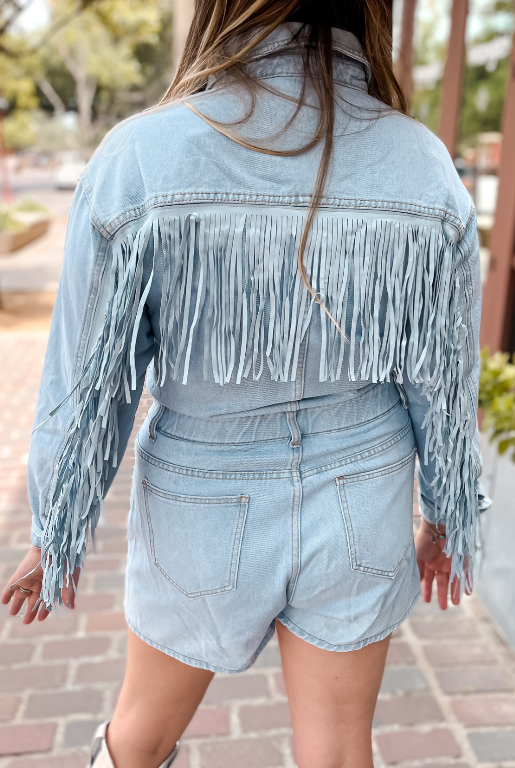 Denim Fringe Romper - Blue