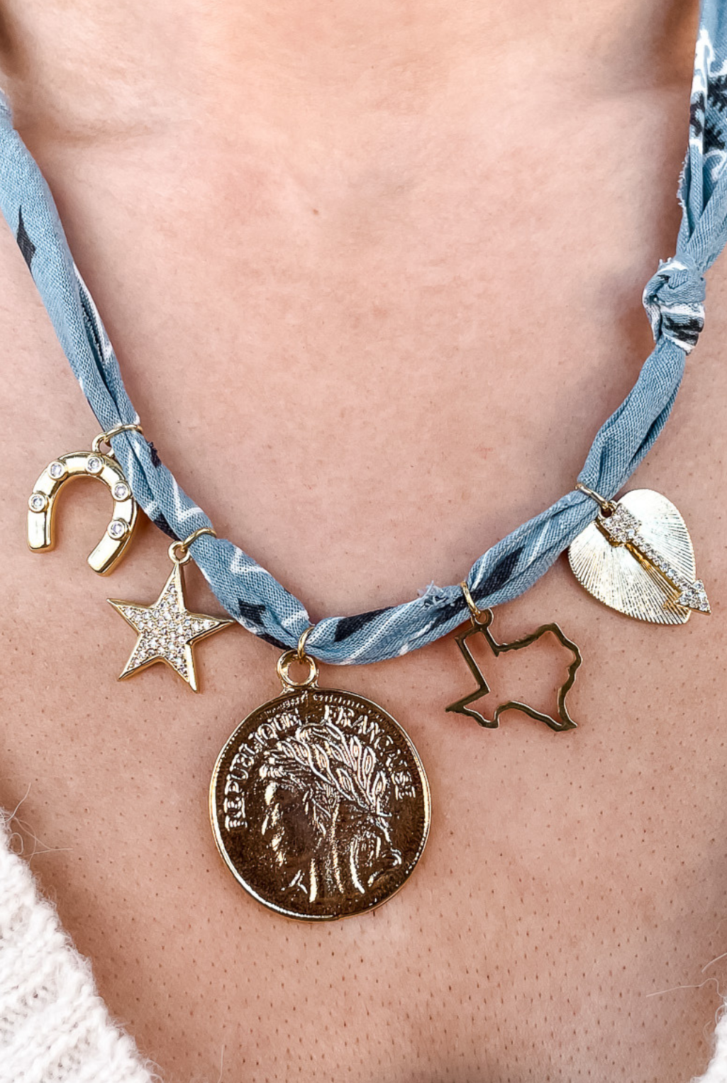 Five Charm Bandana Necklace - Chambray