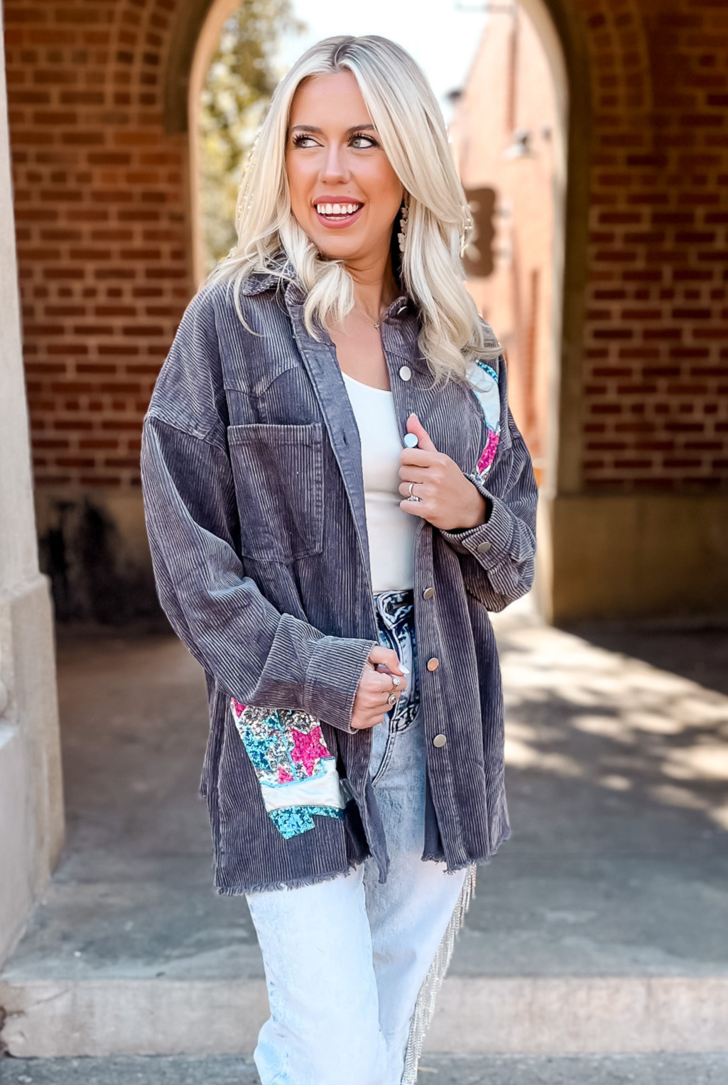 Sequin Cowboy Boot Corduroy Shacket - Charcoal