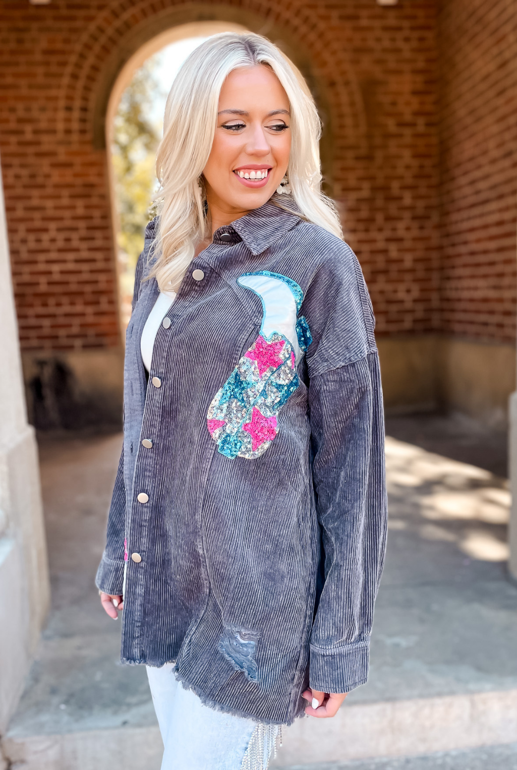 Sequin Cowboy Boot Corduroy Shacket - Charcoal