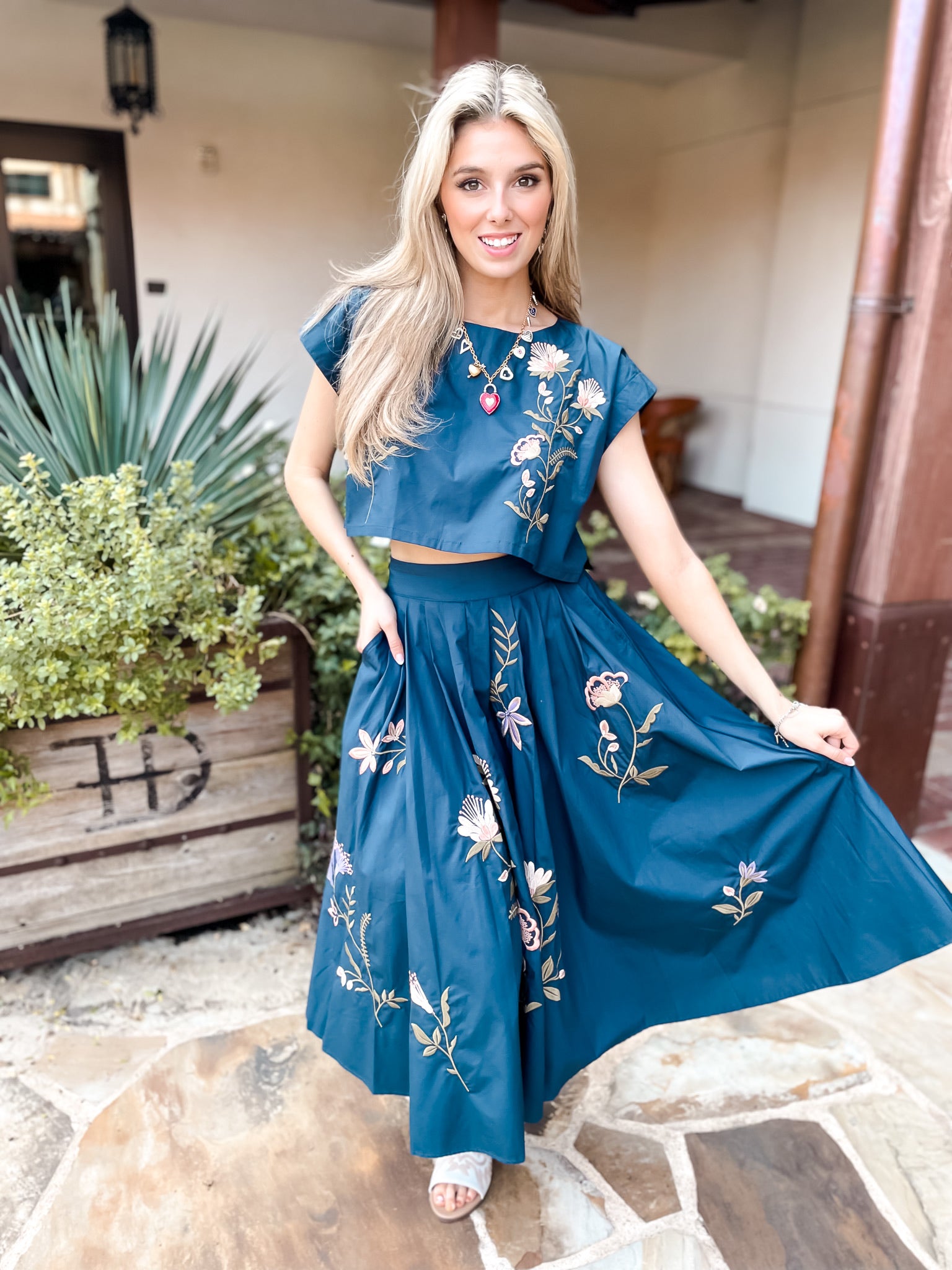 Floral Embroidered Crop Set - Navy