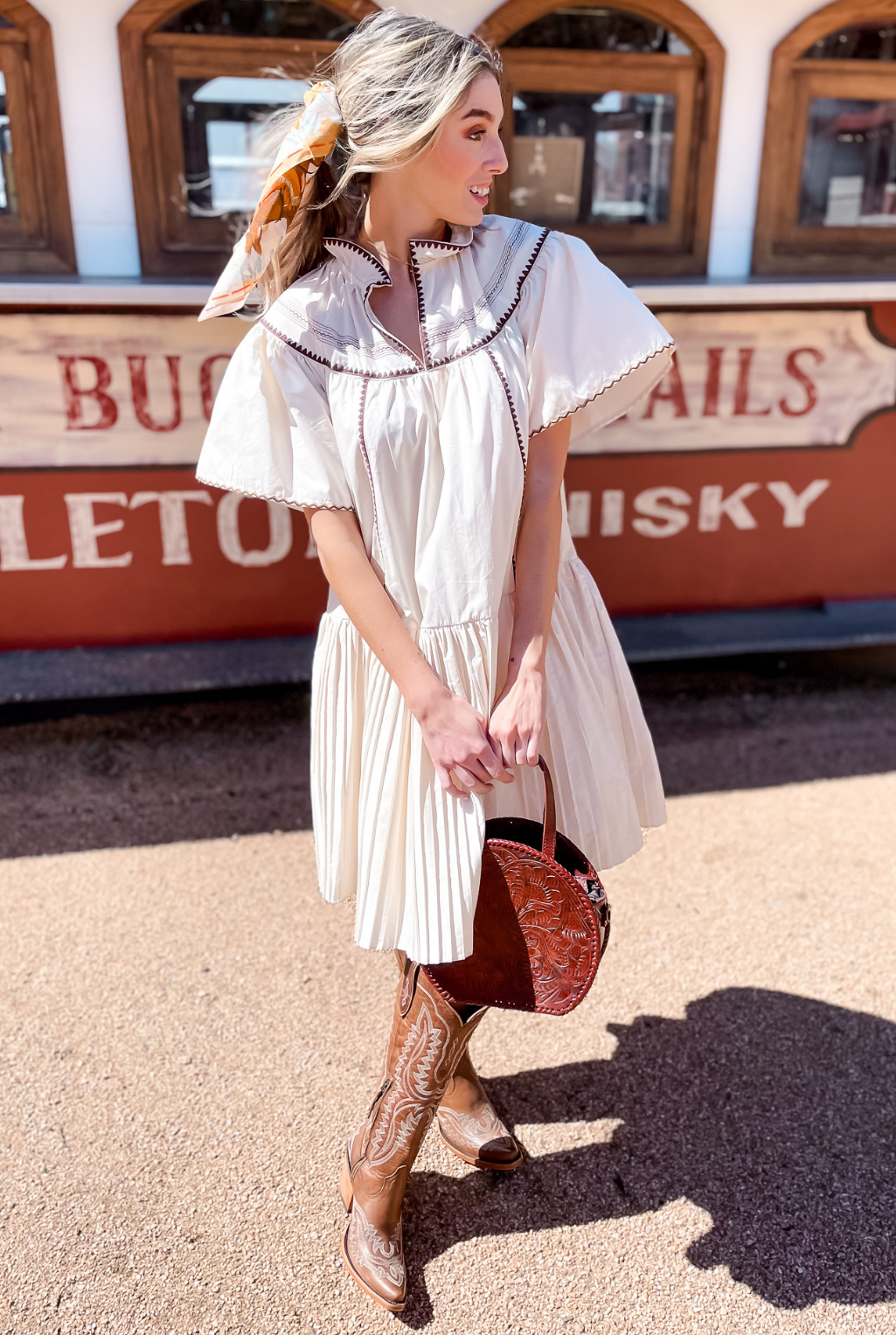 Stitchwork Pleated Dress
