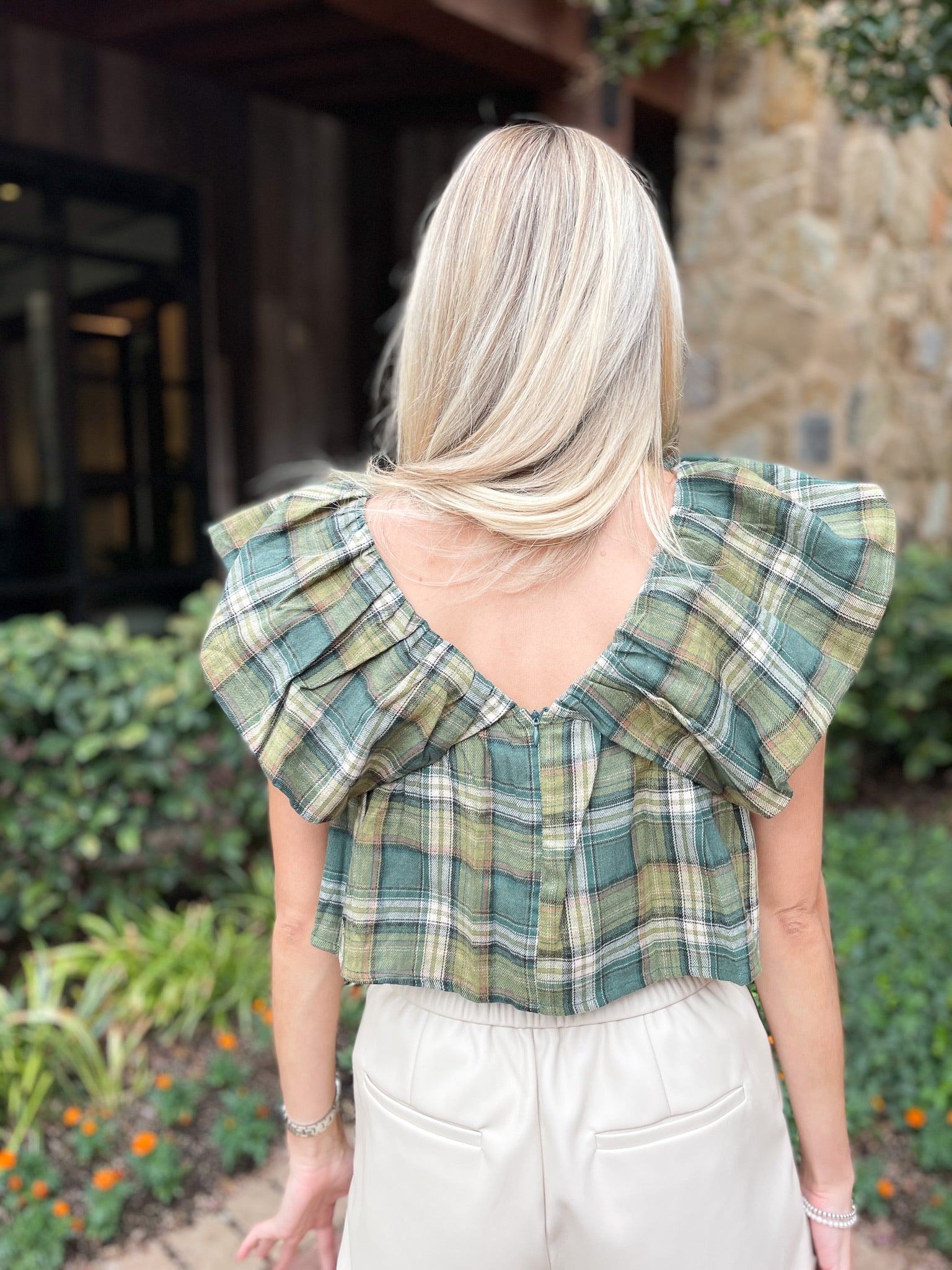 Plaid Ruffle Crop Top - Green