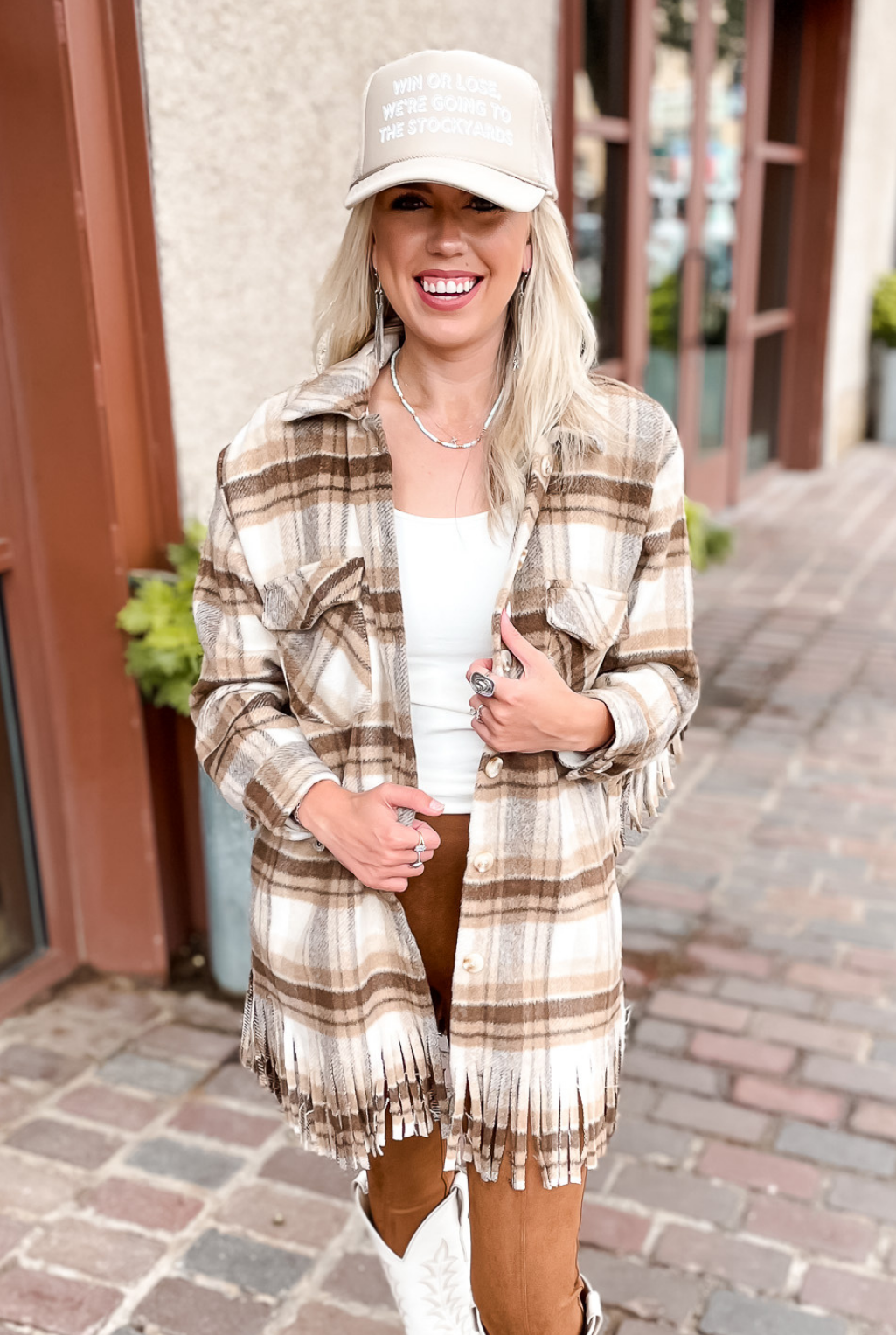 Plaid Fringe Shacket - Brown