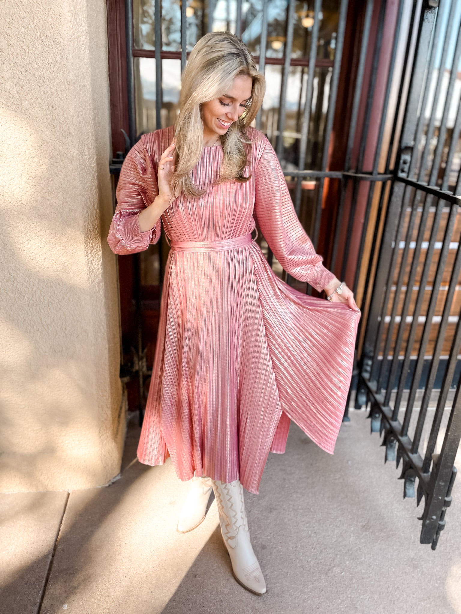 Metallic Pleats Dress - Pink