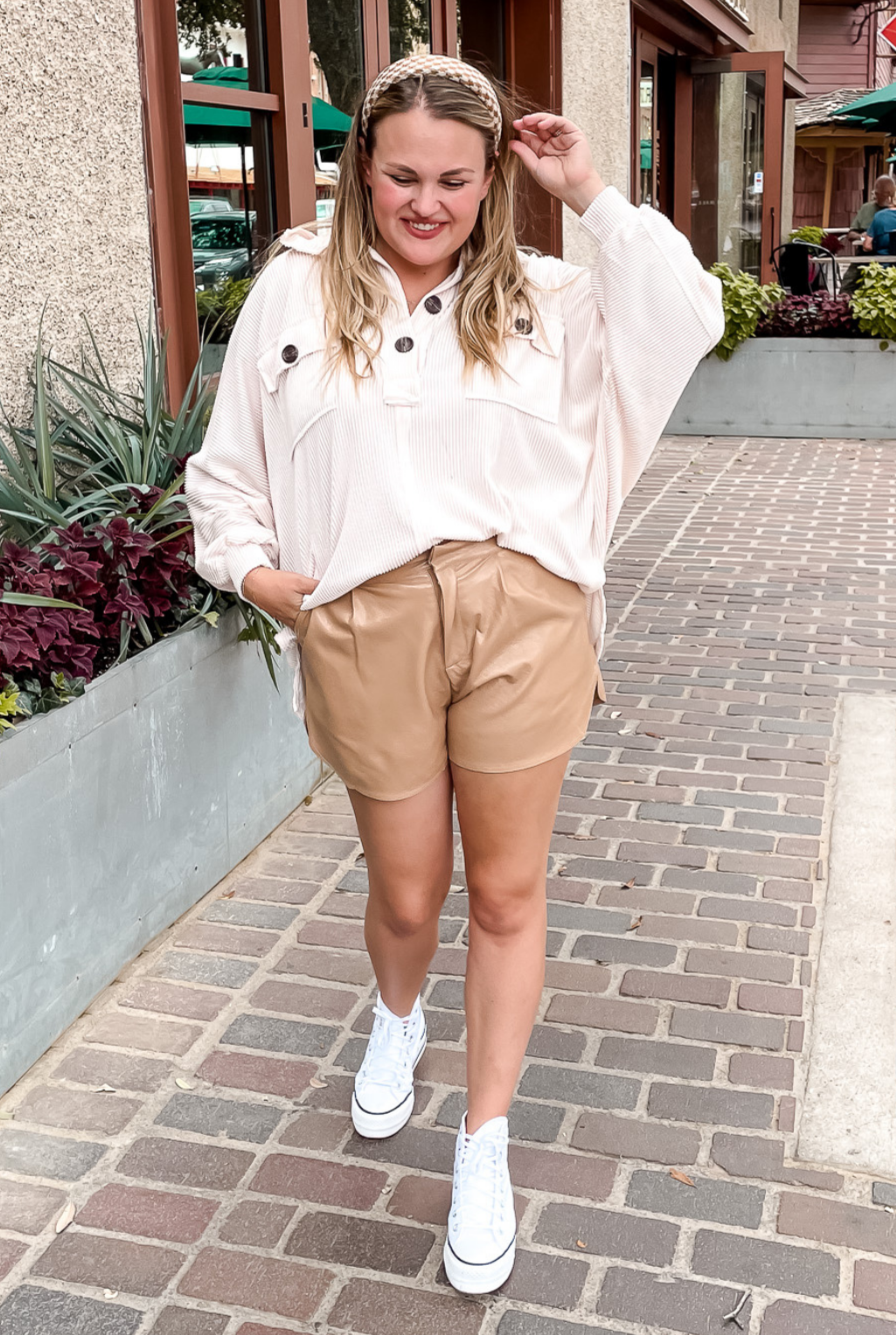 Ribbed Collared Loose Fit Top - Cream