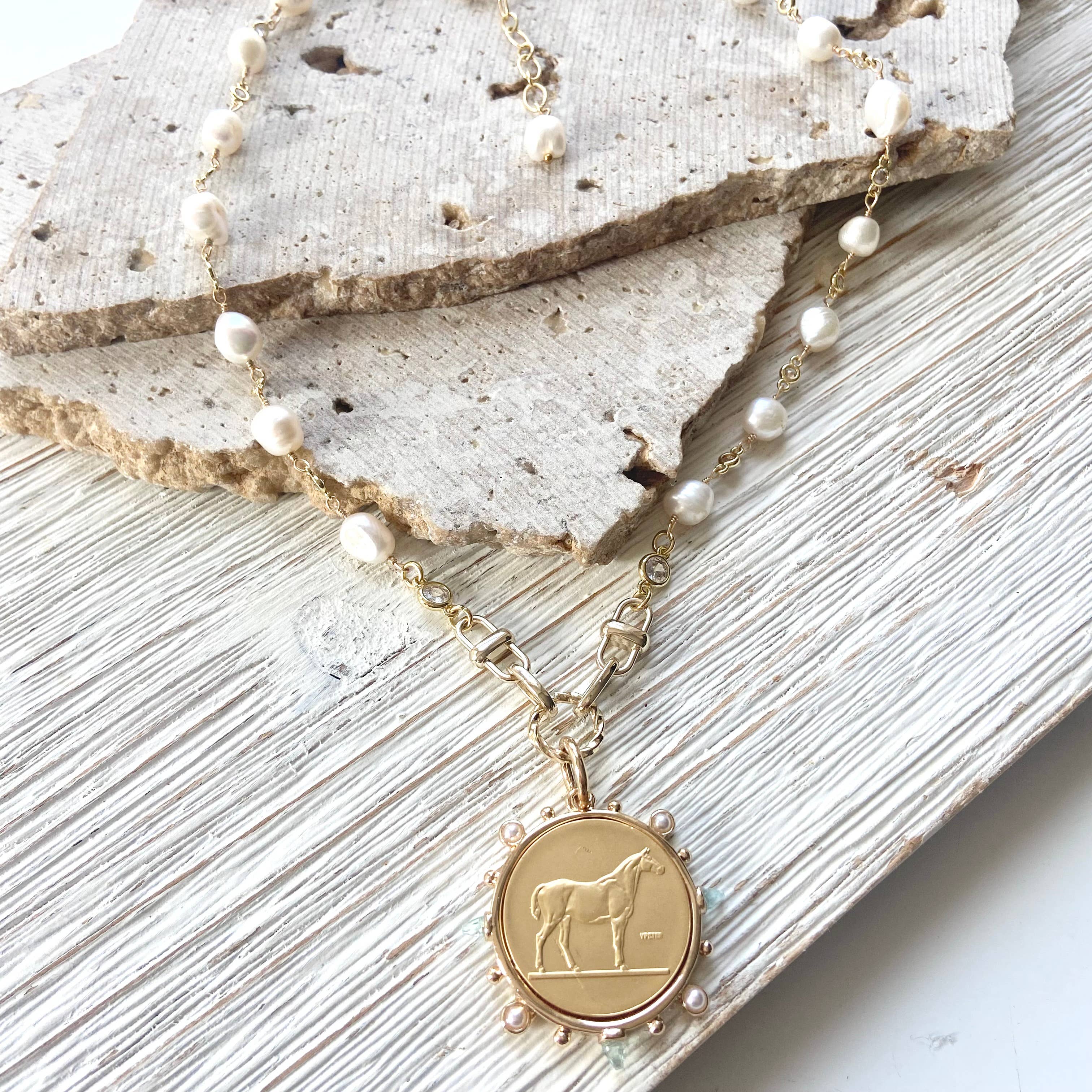 Freshwater Pearl Horse Coin Necklace - Gold