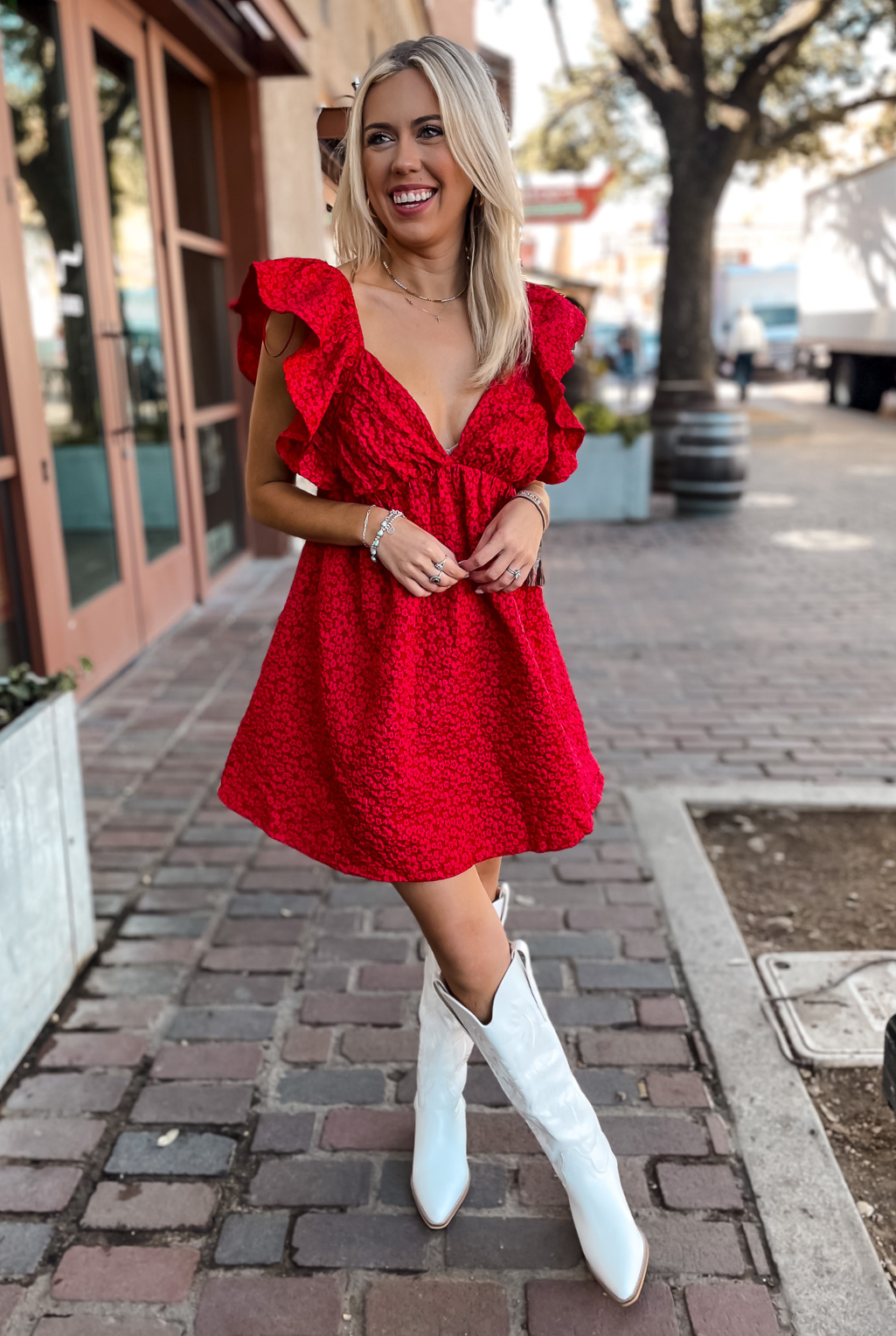 Floral Jacquard Dress - Red