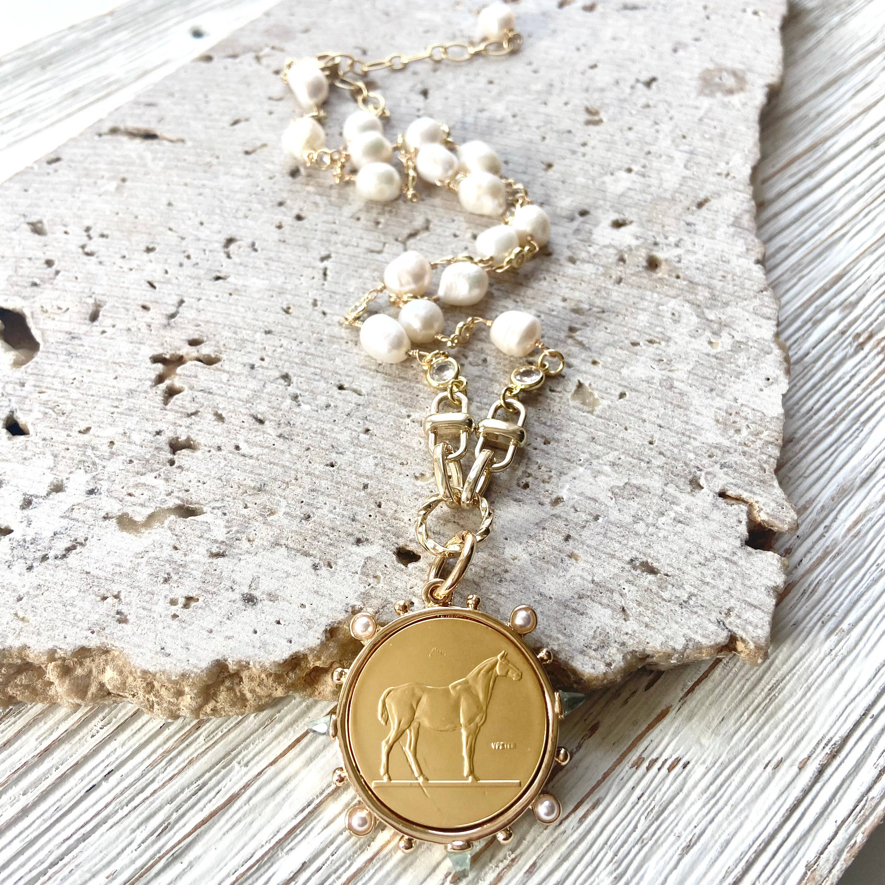 Freshwater Pearl Horse Coin Necklace - Gold