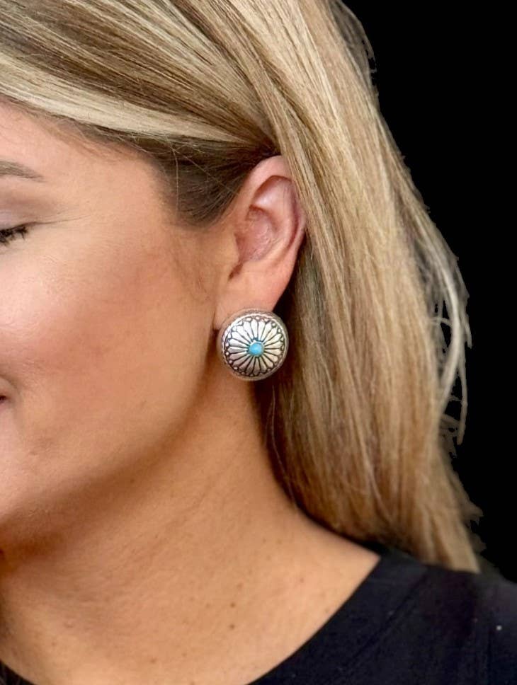 Stamped Concho Earring - Turquoise Accent