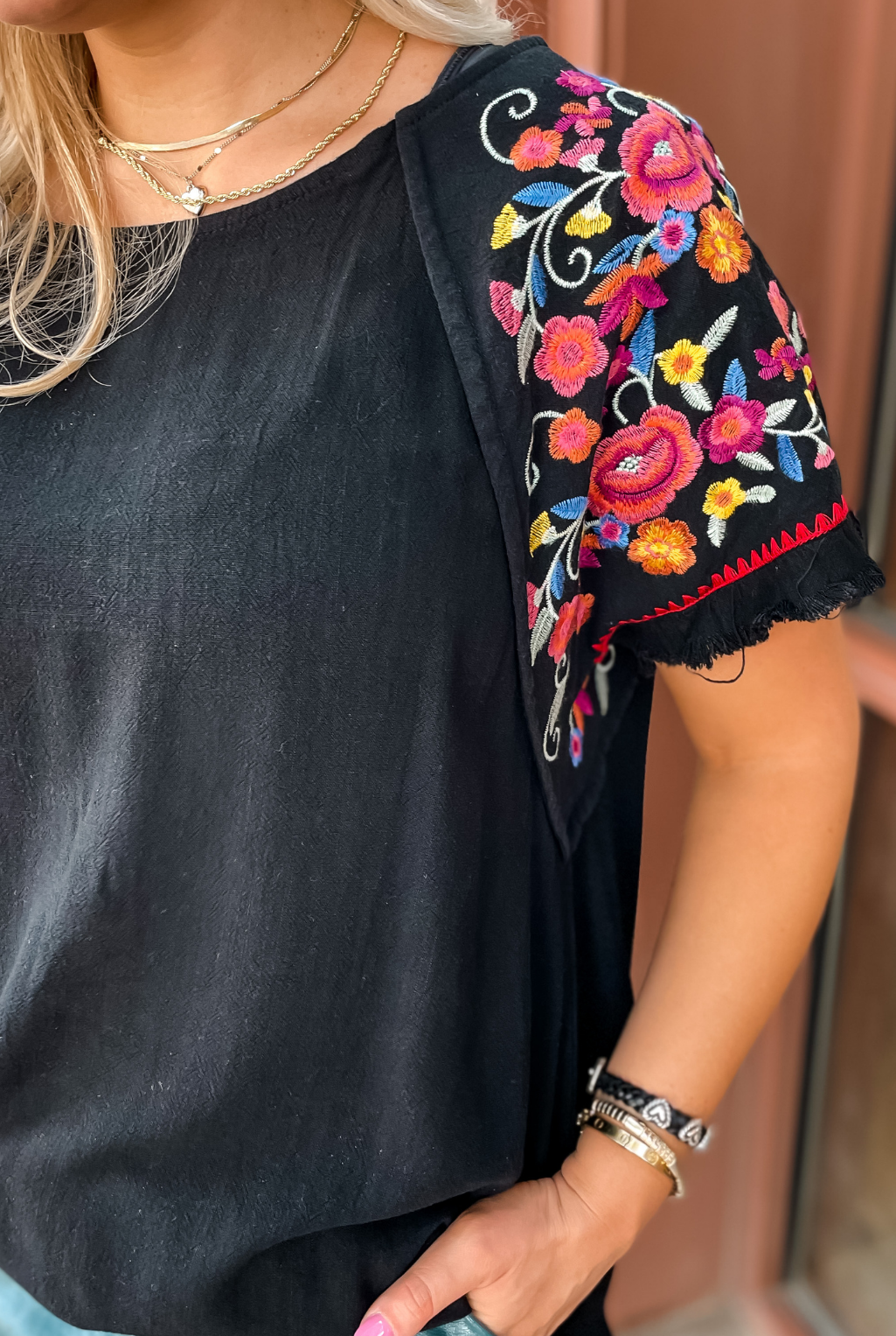 Embroidered Sleeve Frayed Top