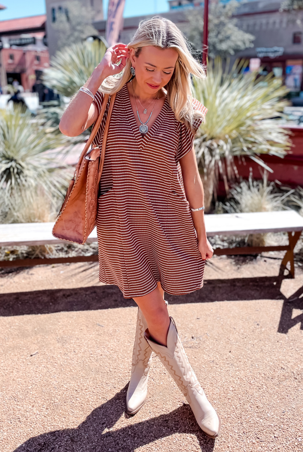 Textured Ruffle Sleeve Dress - Brown