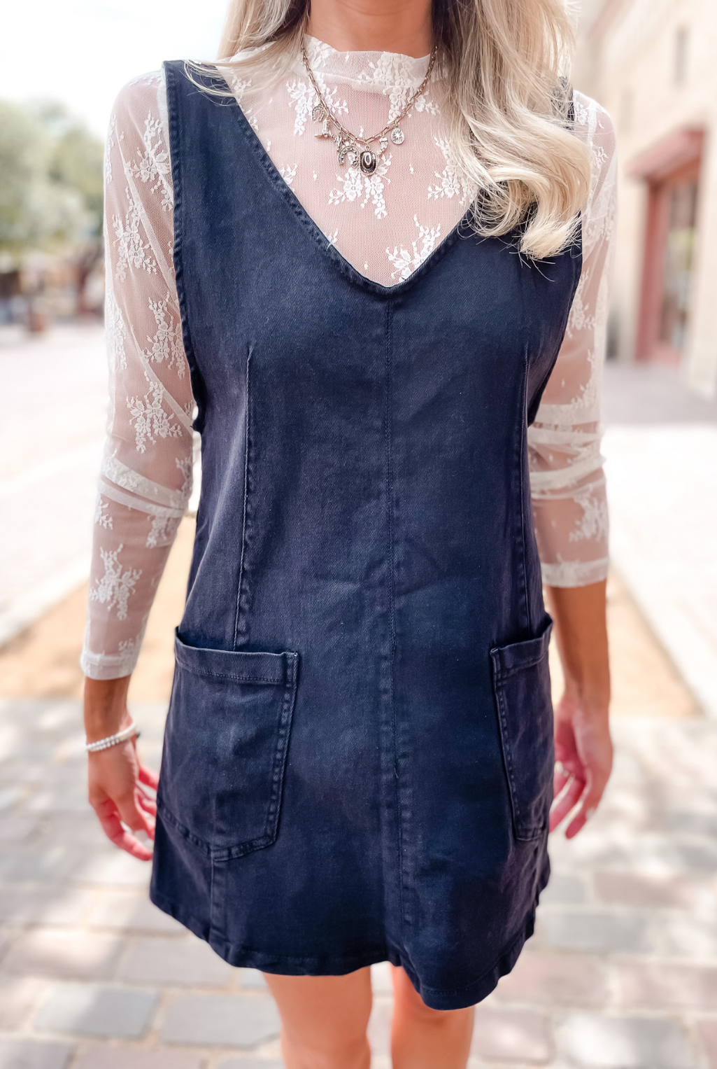 Denim Washed Overall Dress - Black