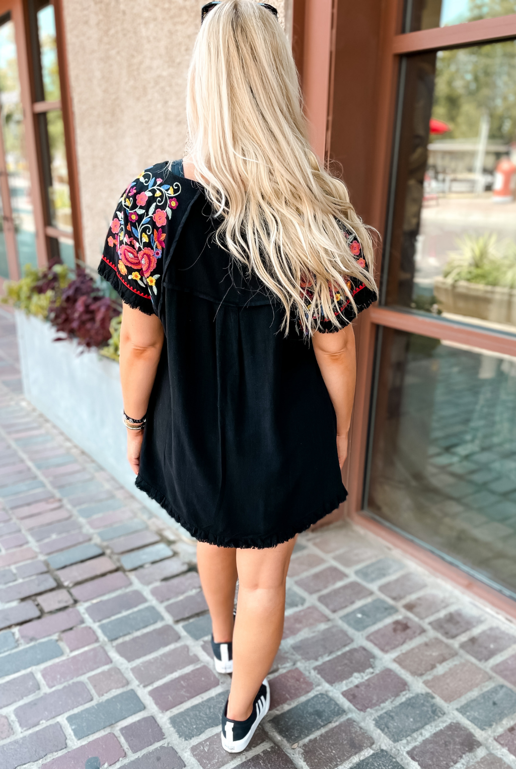 Embroidered Sleeve Frayed Top