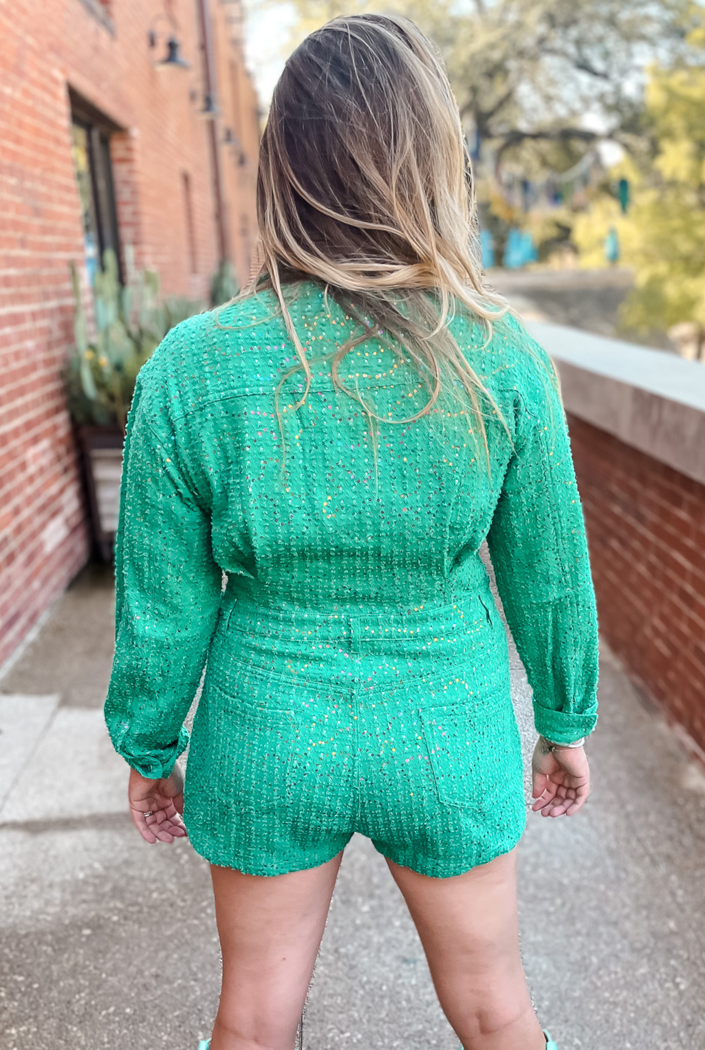 Sequin Denim Romper - Green