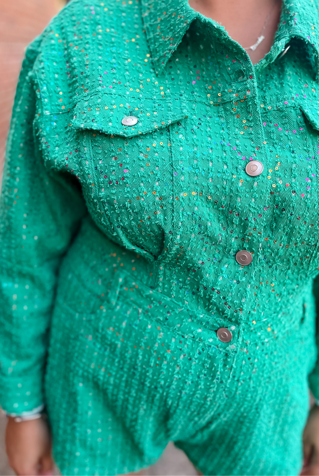 Sequin Denim Romper - Green