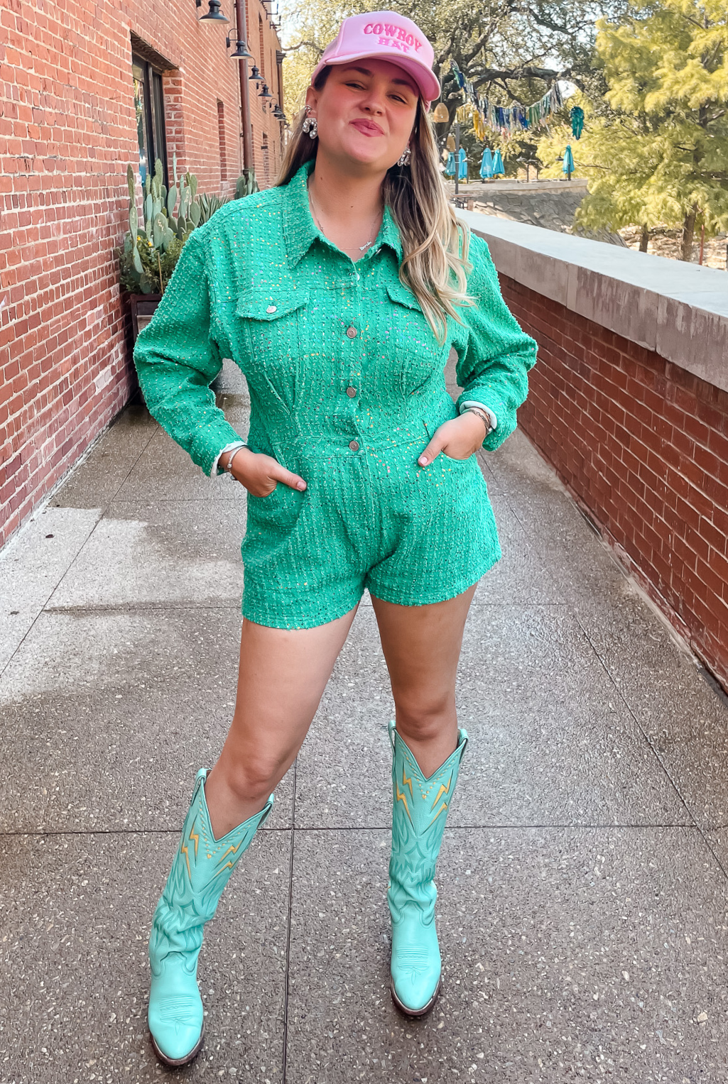 Sequin Denim Romper - Green