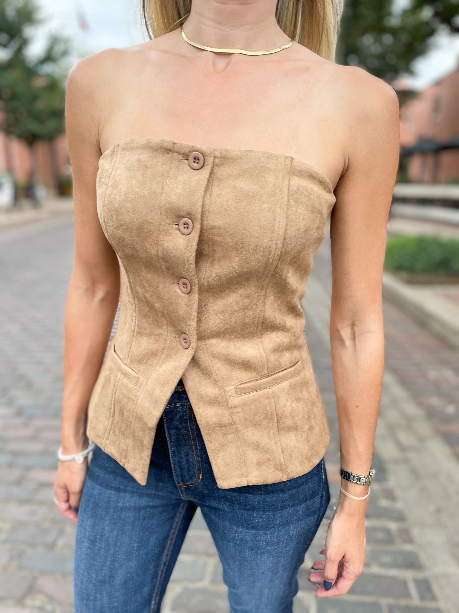 Suede Sleeveless Button Top