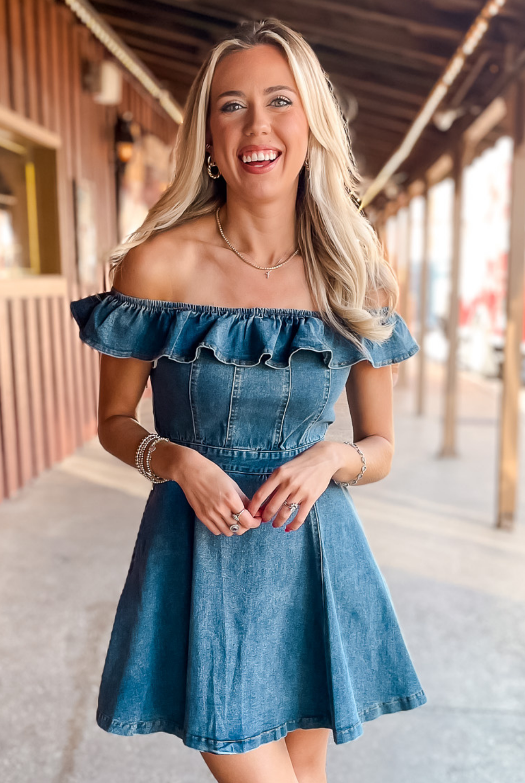 Off the shoulder denim dress hotsell