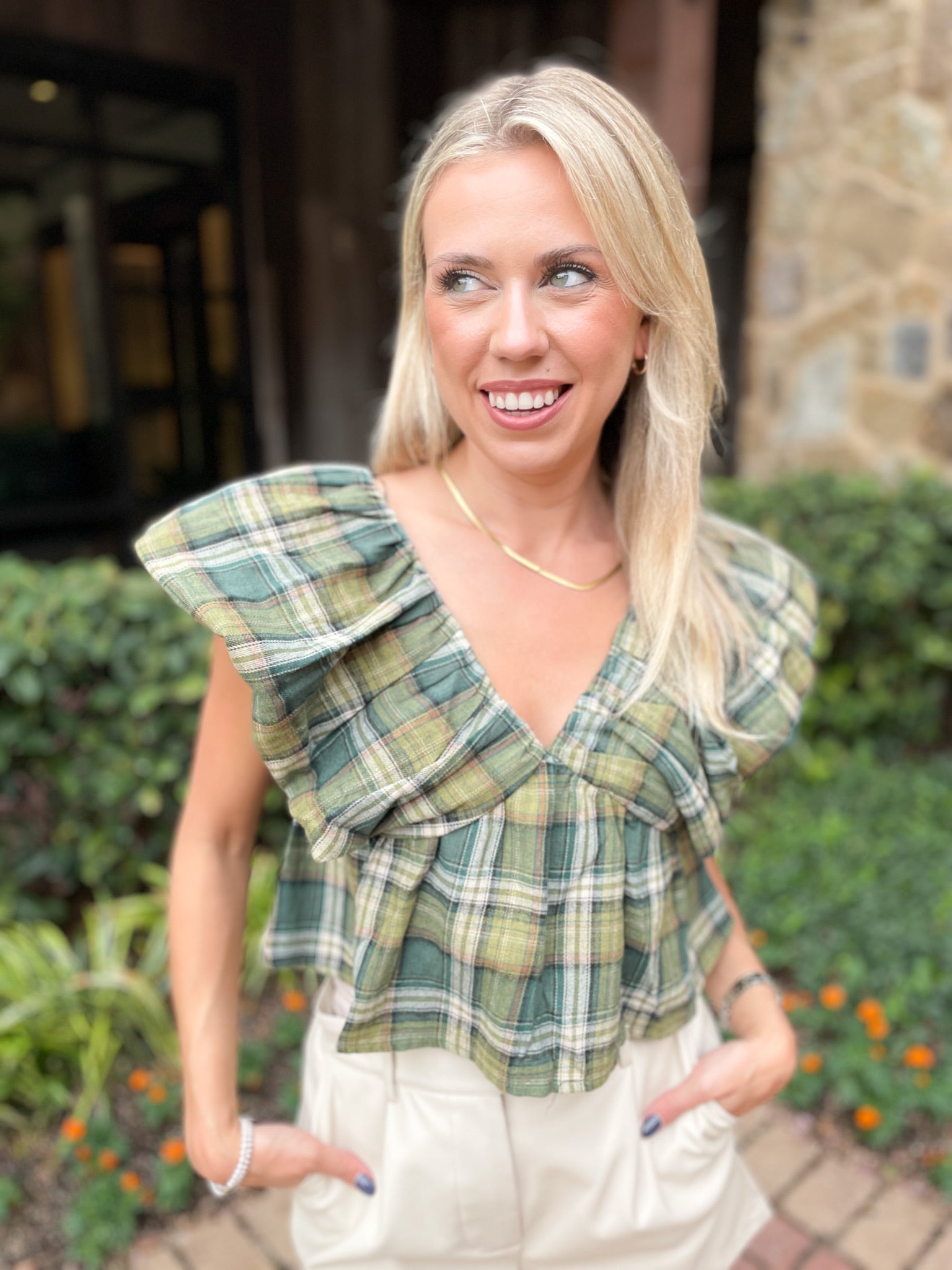 Plaid Ruffle Crop Top - Green