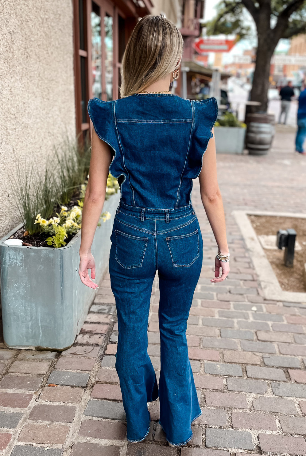 Ruffle Sleeve Denim Jumpsuit - Dark