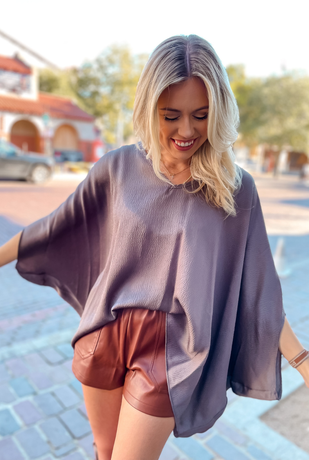 Hammered Satin Caftan Top - Mushroom