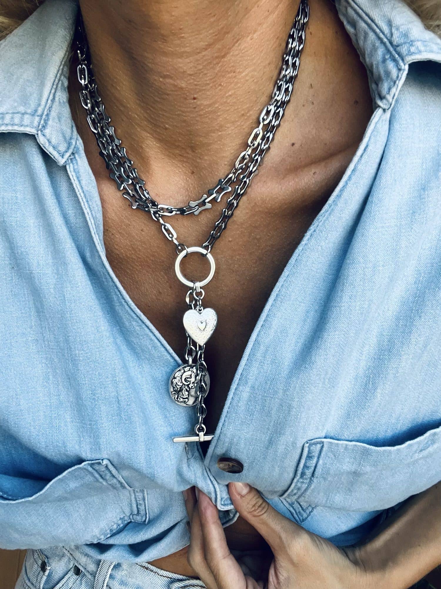 Silver Charm Lariat Necklace