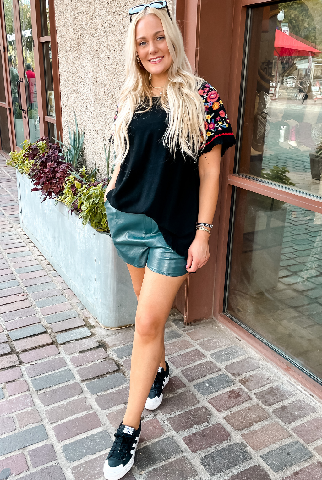 Embroidered Sleeve Frayed Top