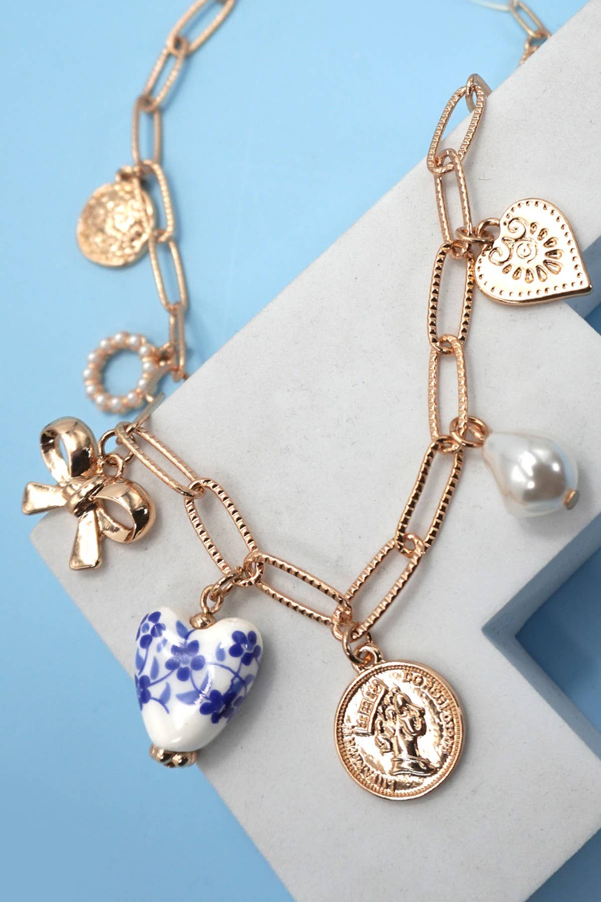 ZZ Blue Porcelain Heart Charm Necklace