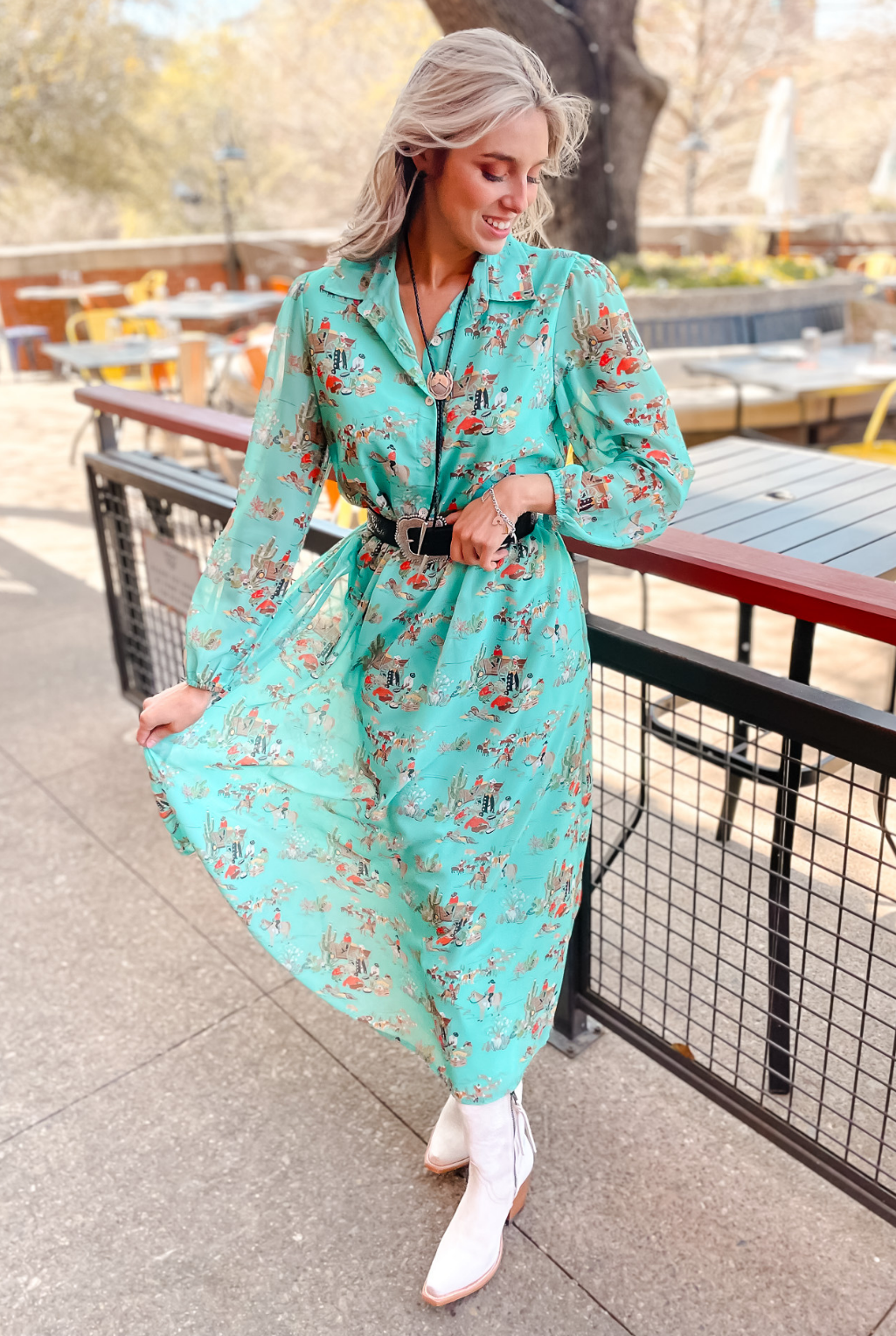 Retro Wagon Chiffon Dress - Turquoise