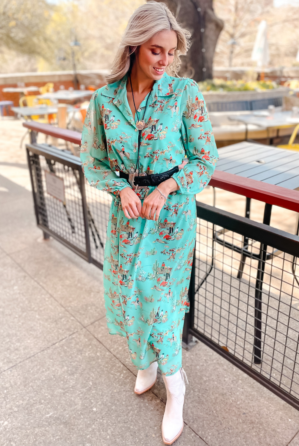 Retro Wagon Chiffon Dress - Turquoise