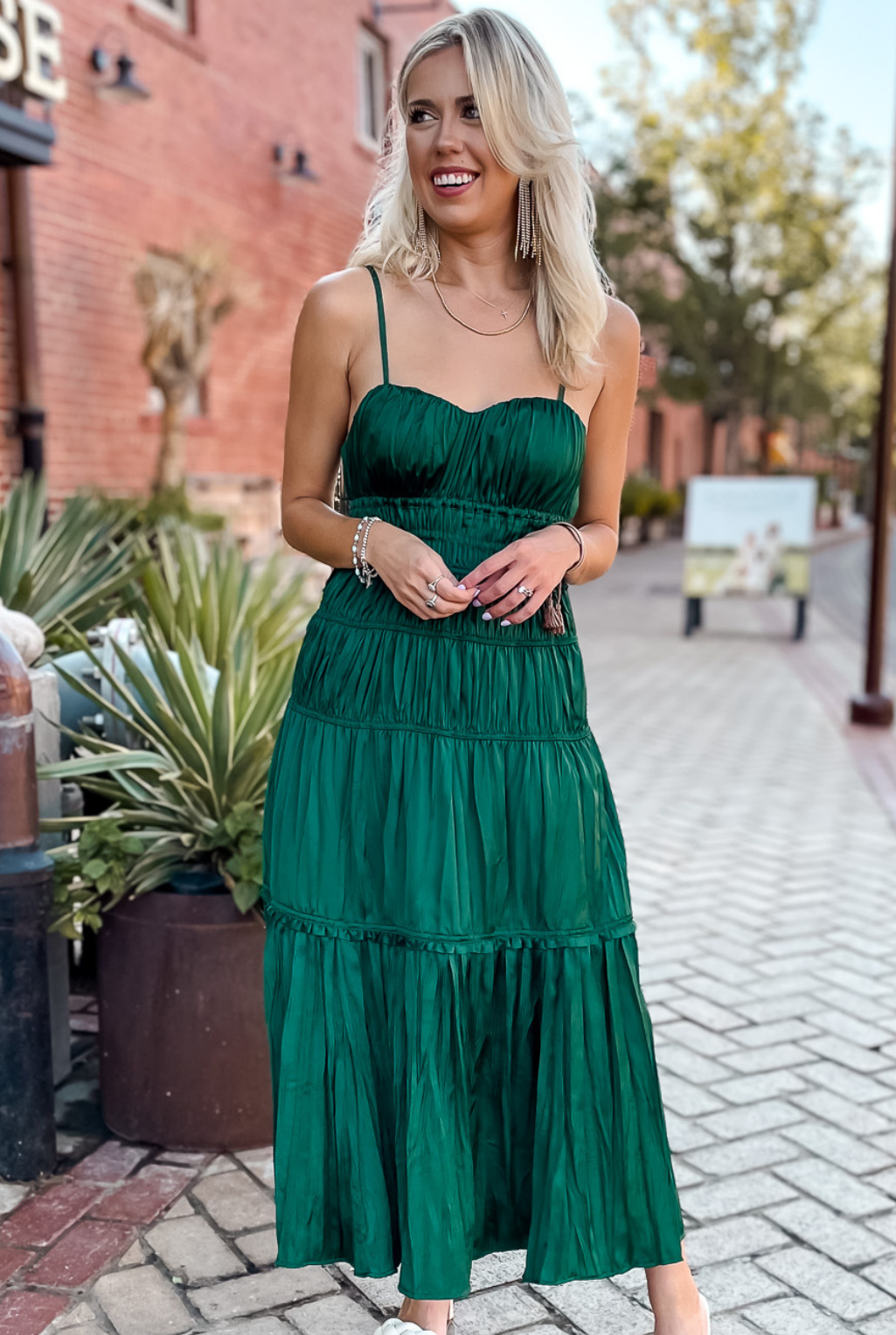 Pleated Satin Dress - Emerald