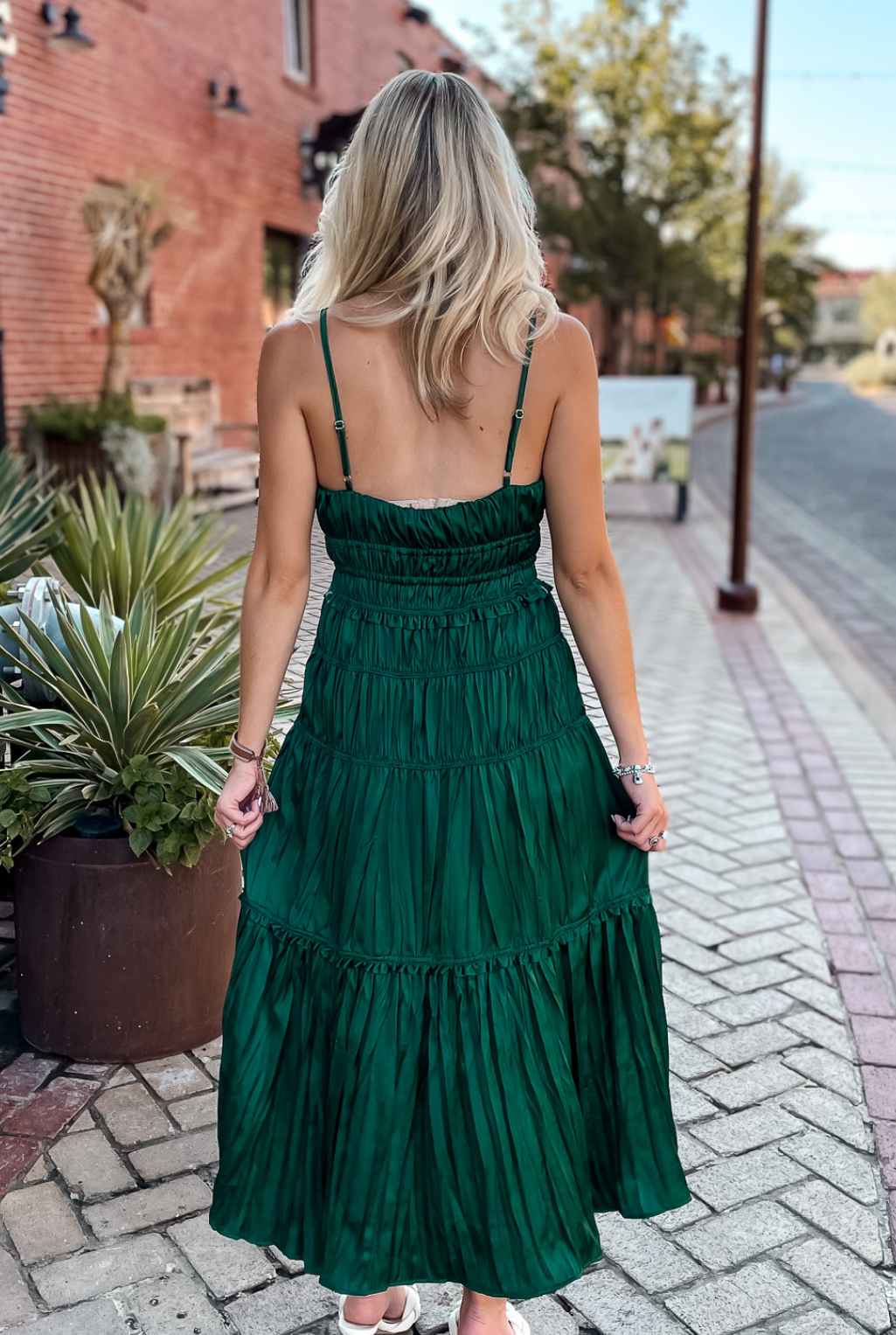 Pleated Satin Dress - Emerald