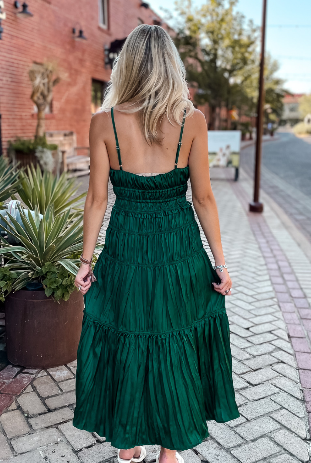 Emerald pleated dress deals