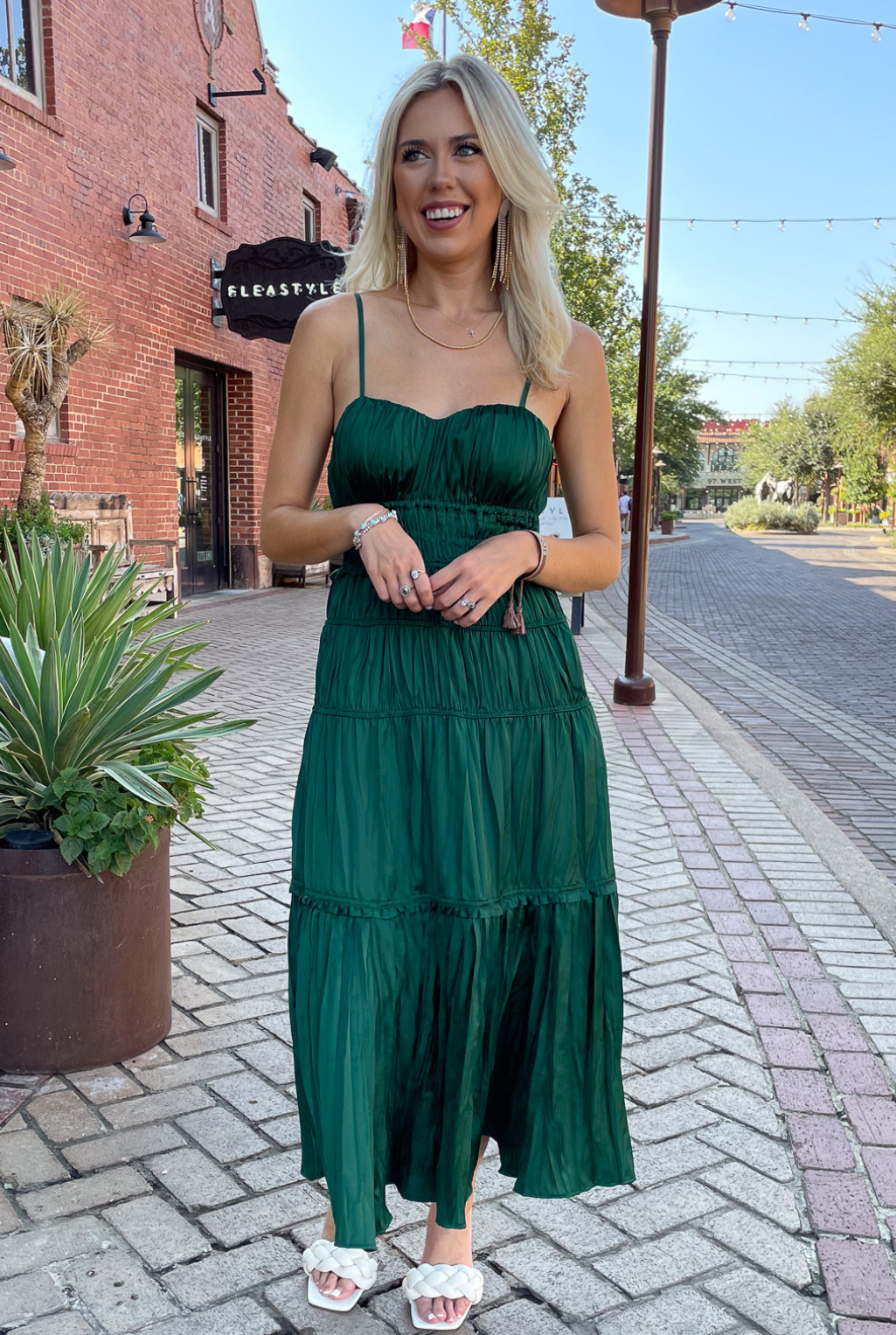 Pleated Satin Dress - Emerald