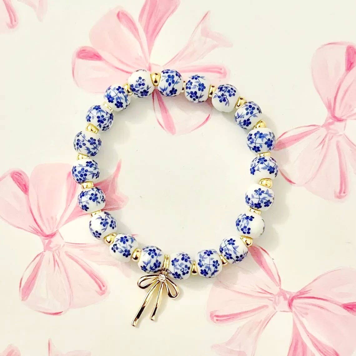 Blue Porcelain Beaded Bow Bracelet