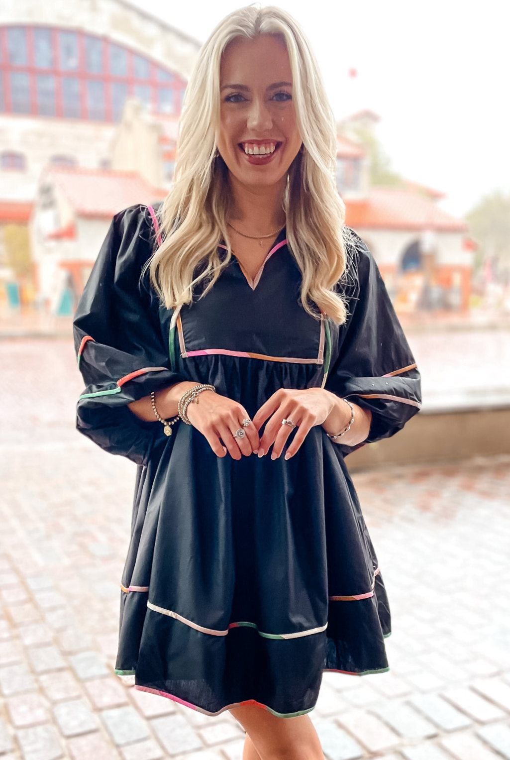 Color Block Piping Dress - Black