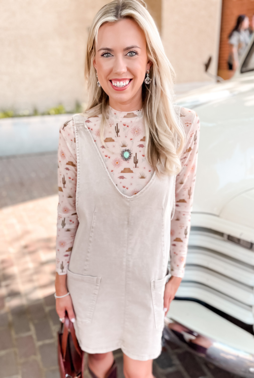 Denim Washed Overall Dress - Taupe