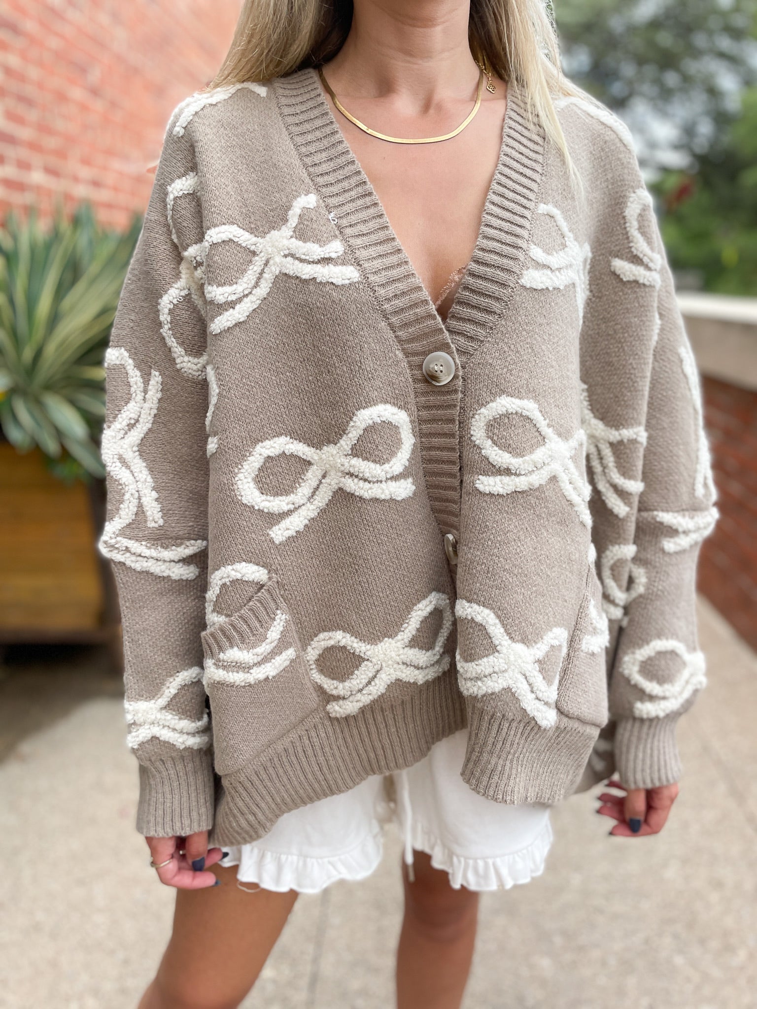 Ribbon Boxy Cardigan - Taupe