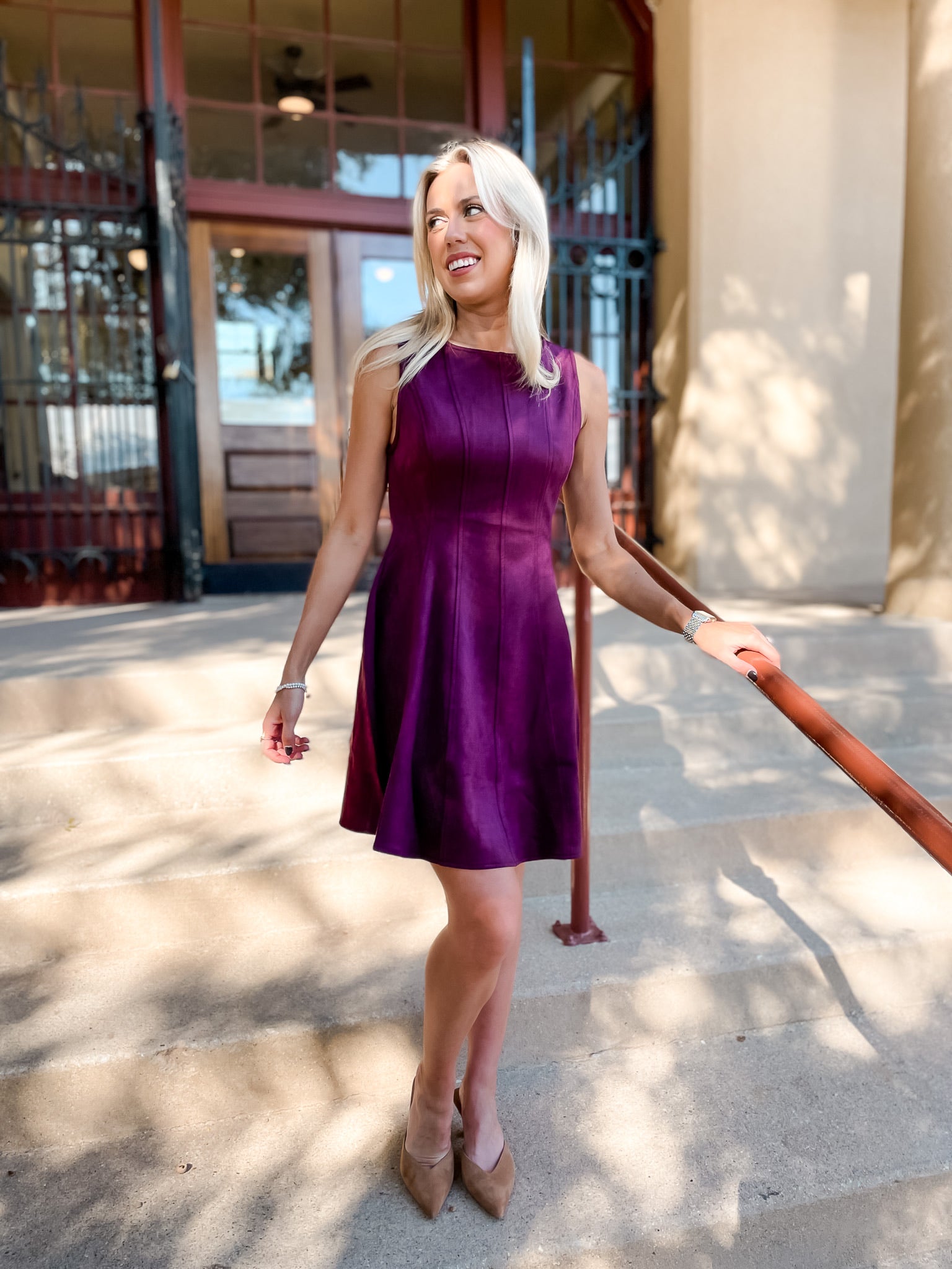 Sleeveless Suede Flare Dress - Burgundy