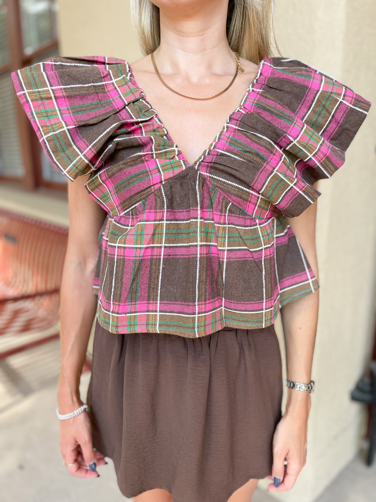 Plaid Ruffle Crop Top - Brown