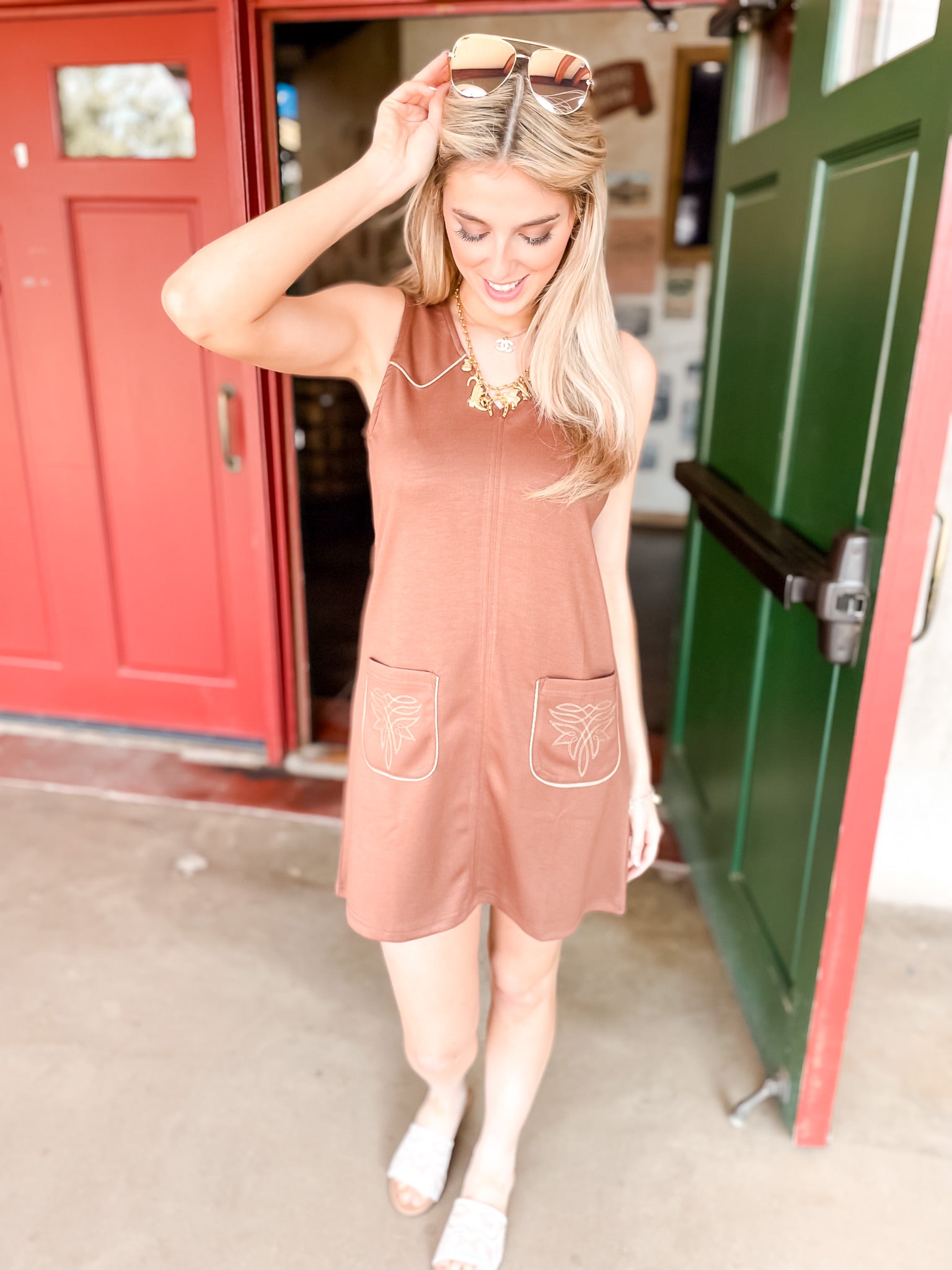 Boot Stitch Shift Dress - Brown